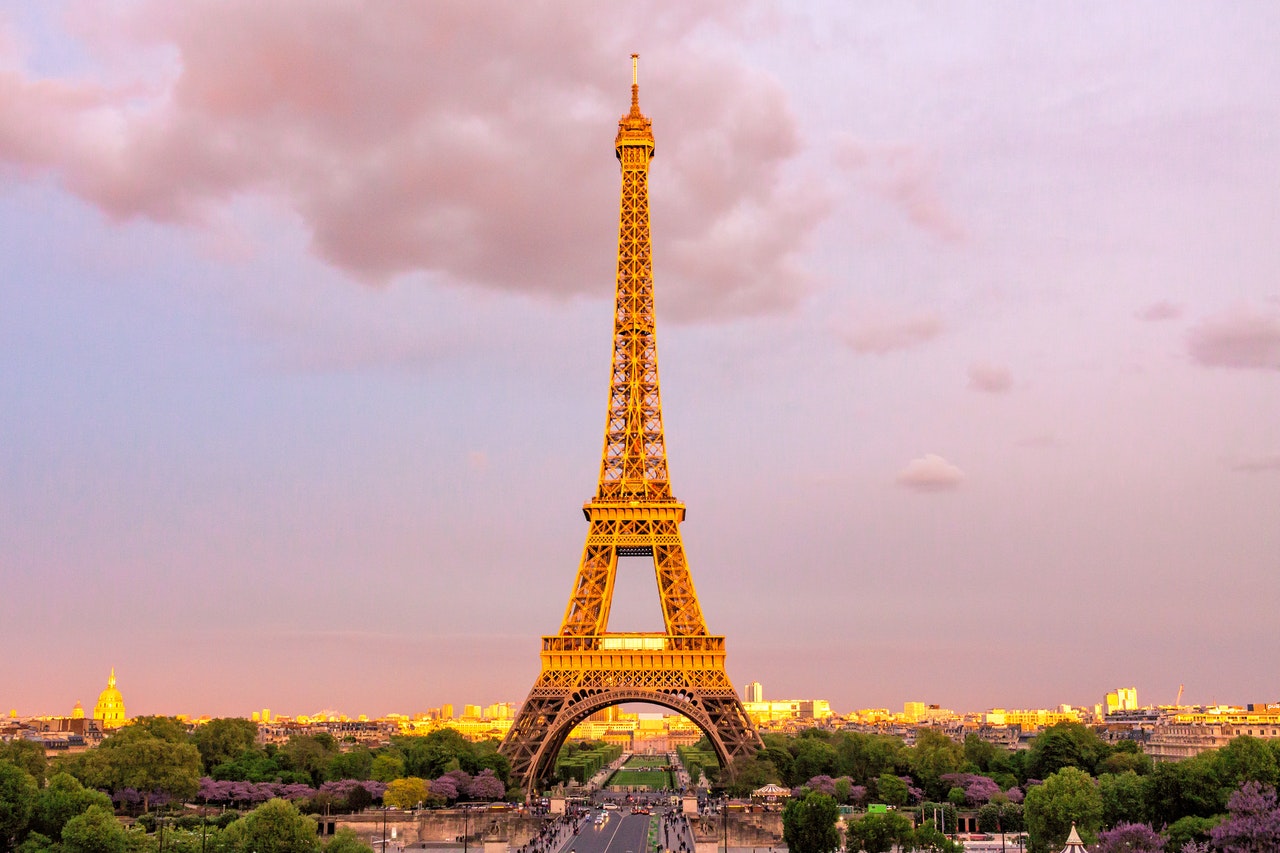 Eiffel tower at sunrise or sunset symbolic of France and French numbers
