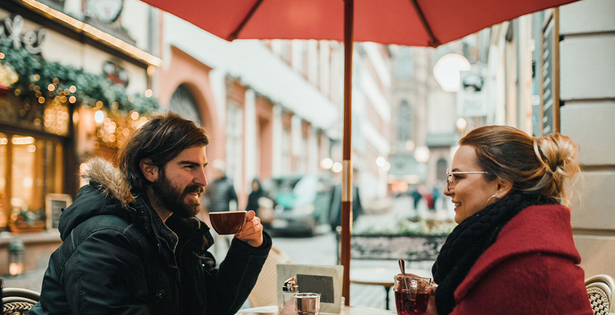 Couple having coffee at a restaurant.