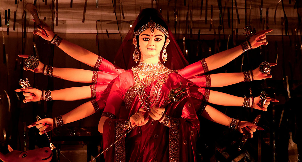 Durga Puja celebrates the victory of the goddess Durga over the demon king Mahishasura.