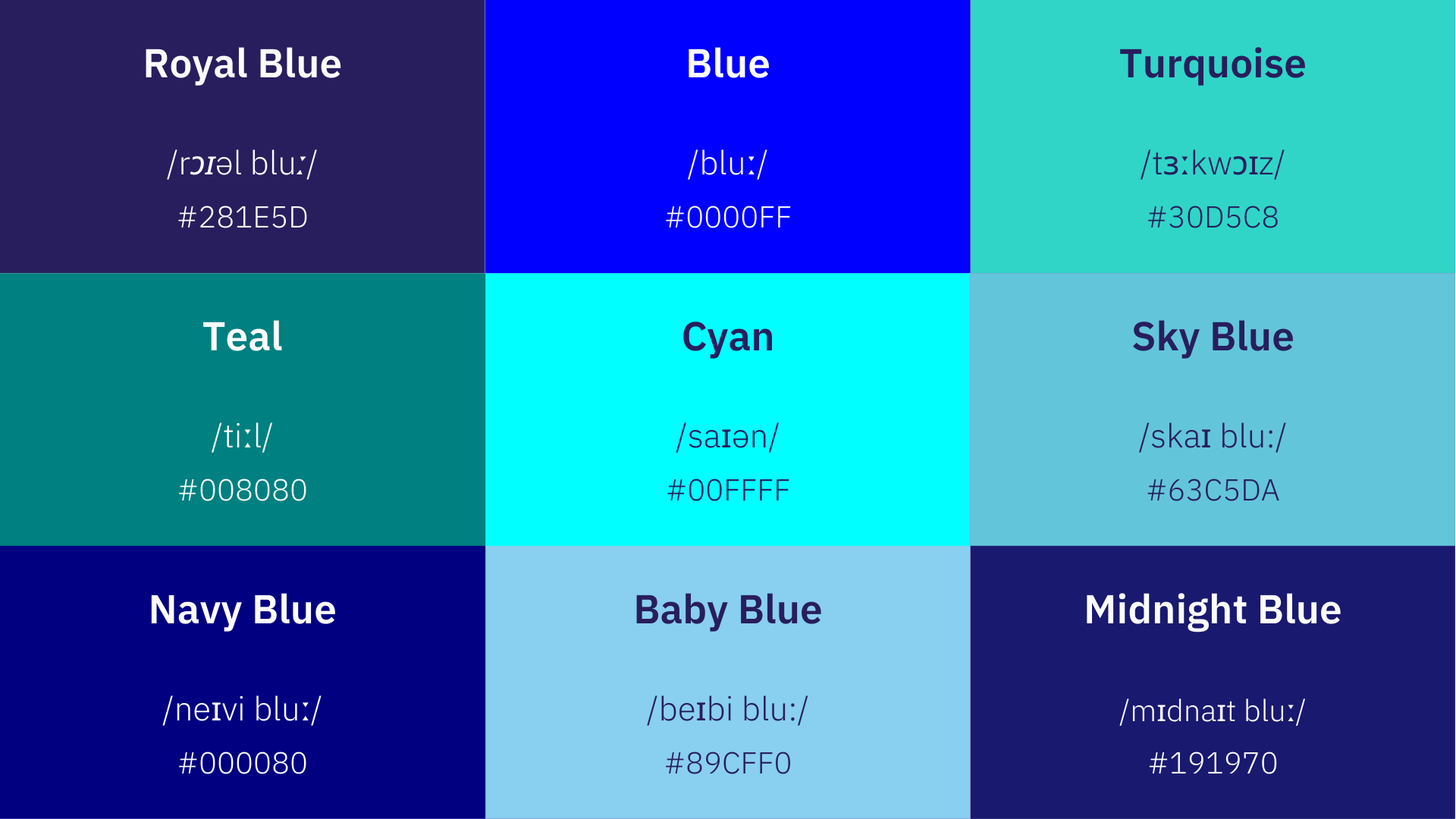 Nine different shades of blue in English.