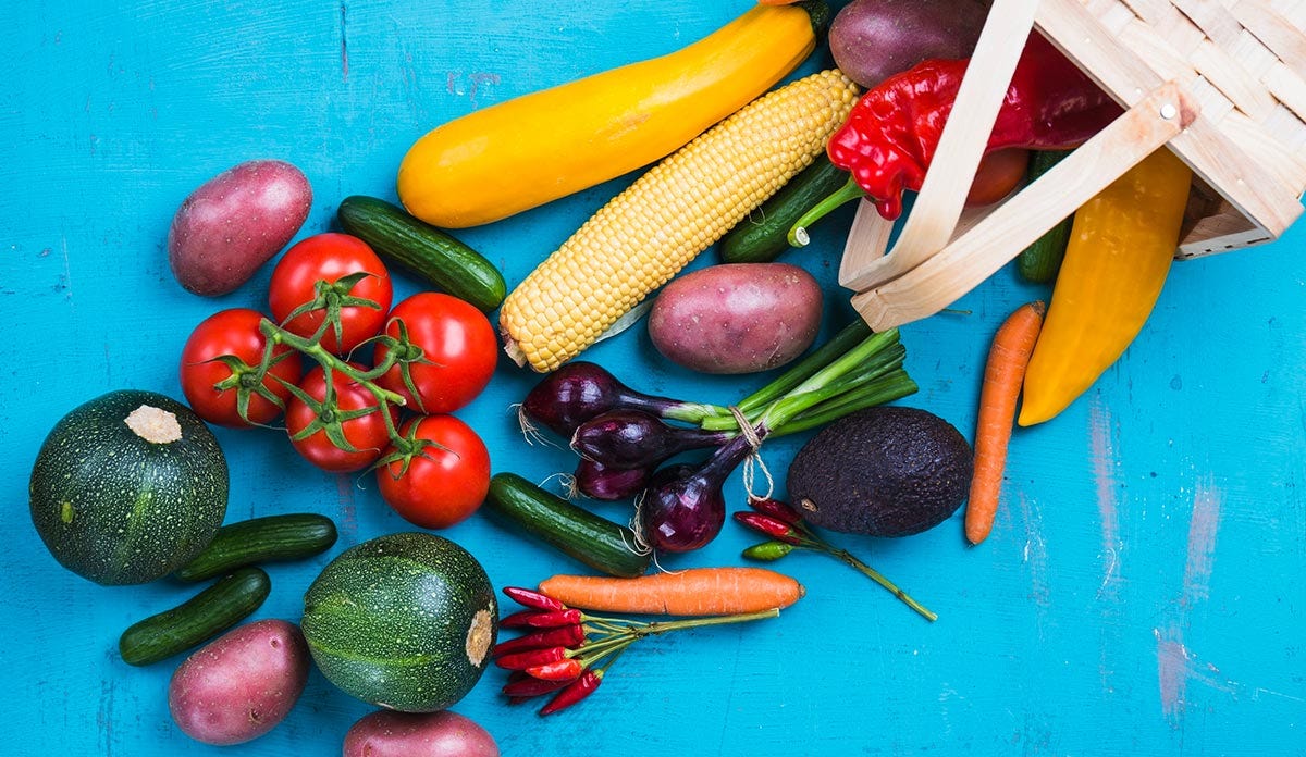 Common fruits and vegetables in Spanish.