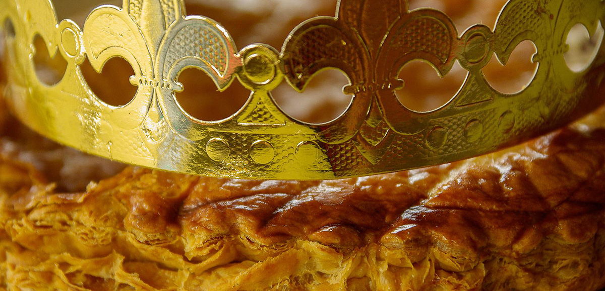 Galette des rois cake with crown for new years eve in France.