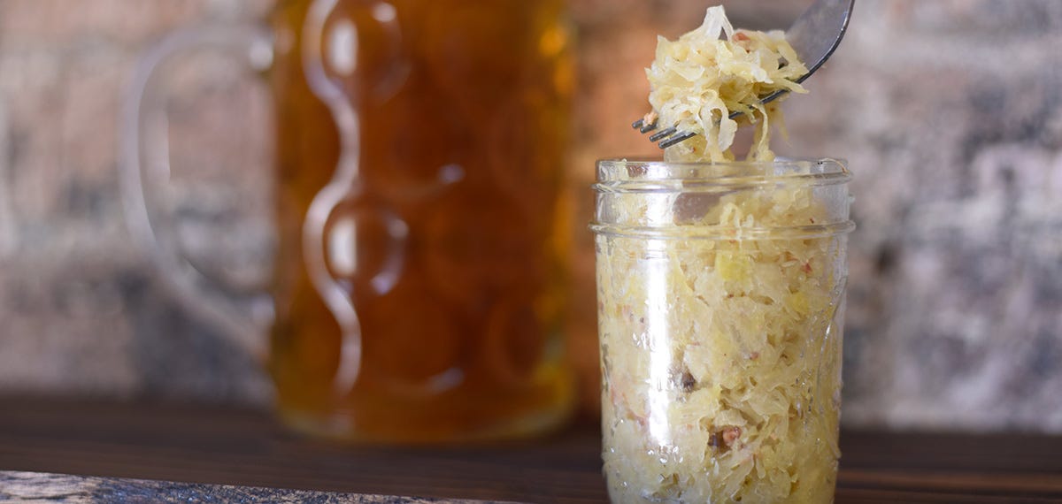 Sauerkraut is made from finely shredded cabbage fermented by lactic acid bacteria.