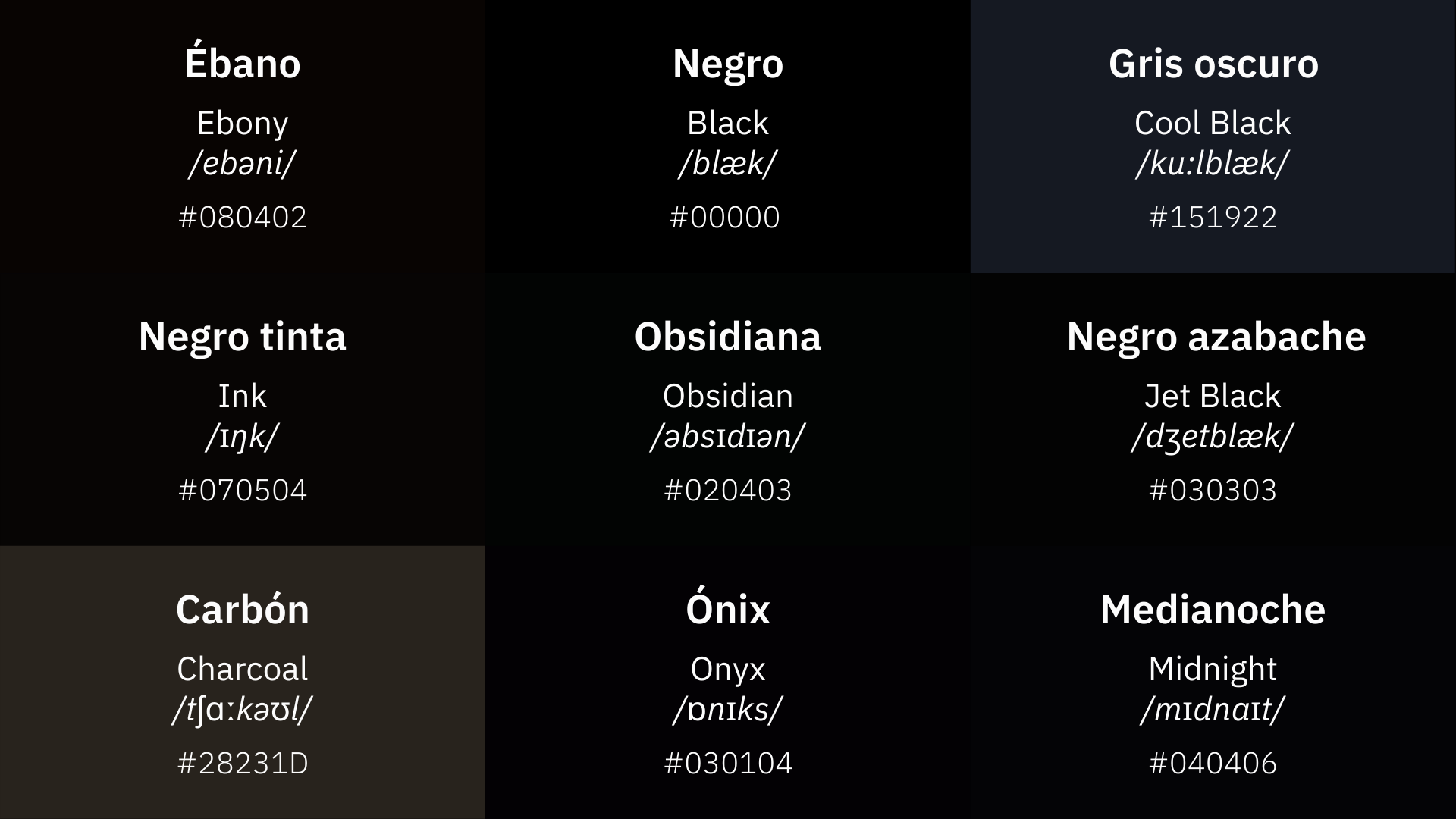 Powerful shades of Black colors in English from onyx to charcoal