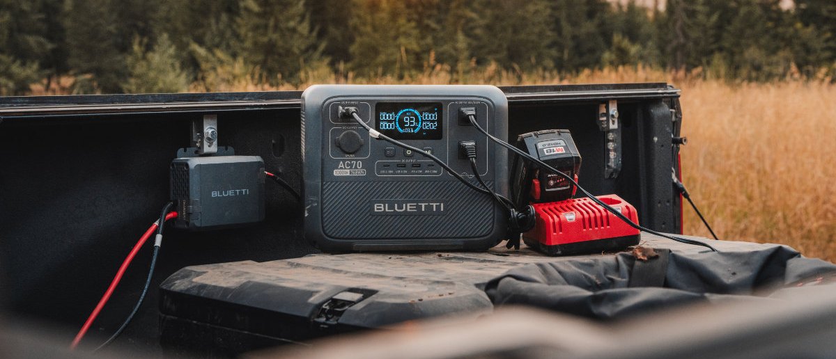 BLUETTI AC70 charging gear from a truck bed
