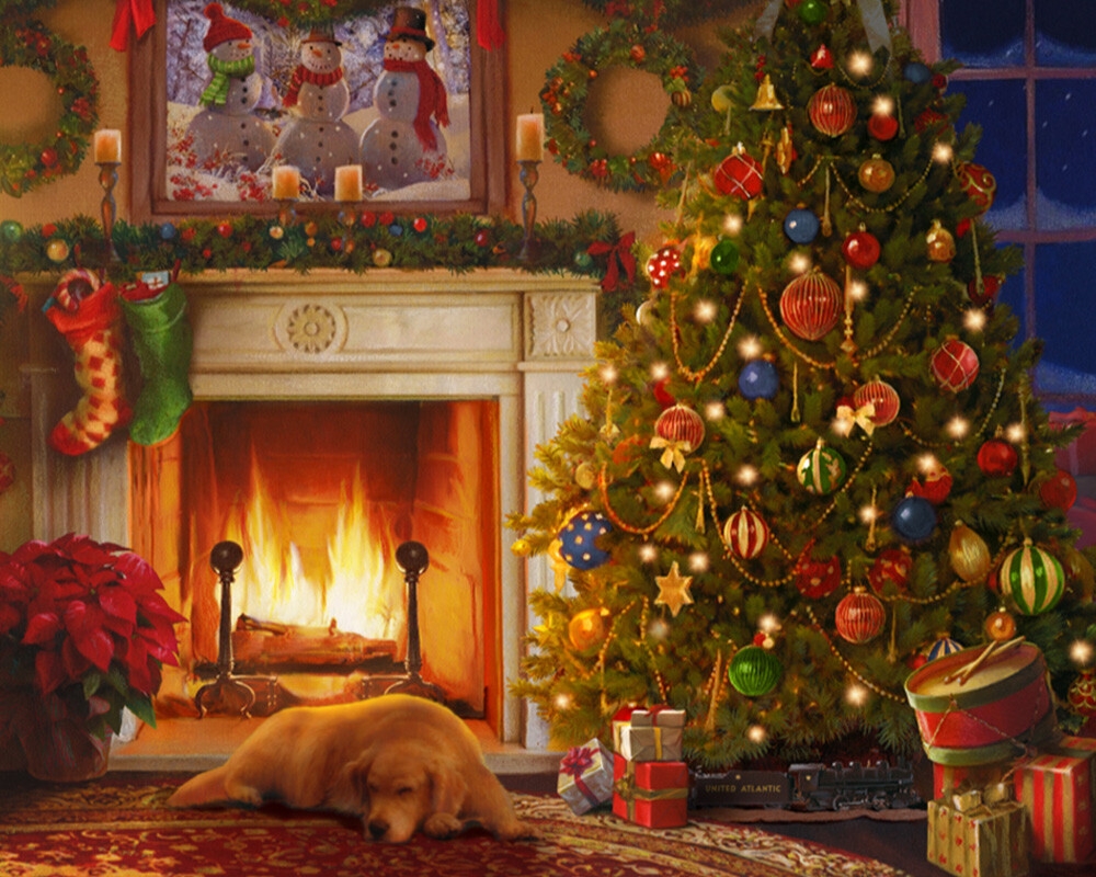 nostalgic train christmas fireplace card