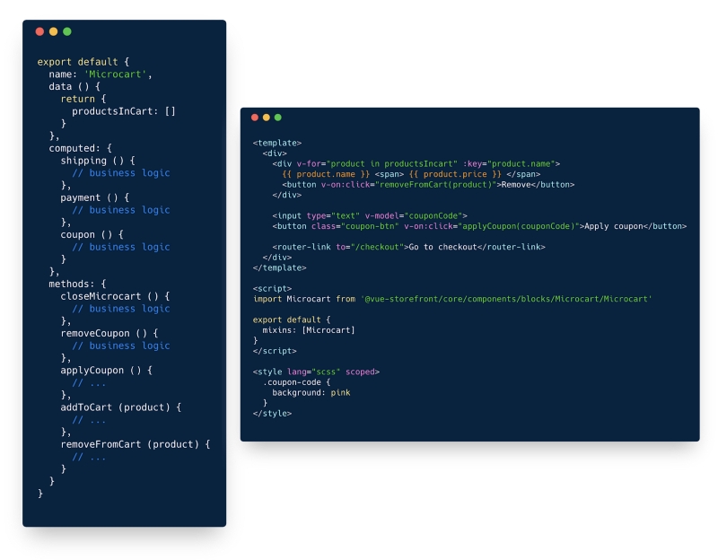 The business logic from the core component can be easily injected into any theme component as a Vue.js mixin.