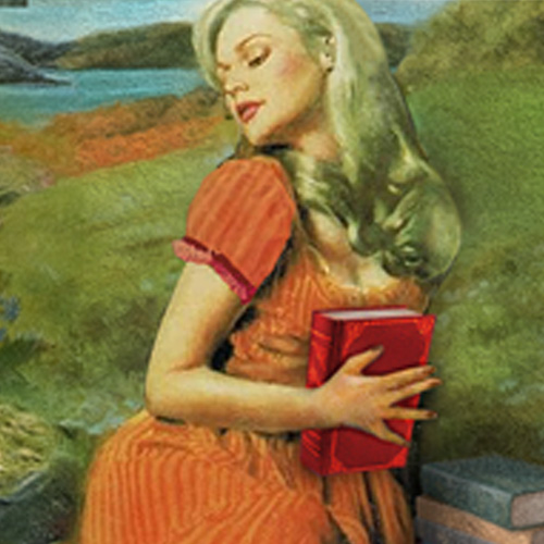 Blonde woman holding red book