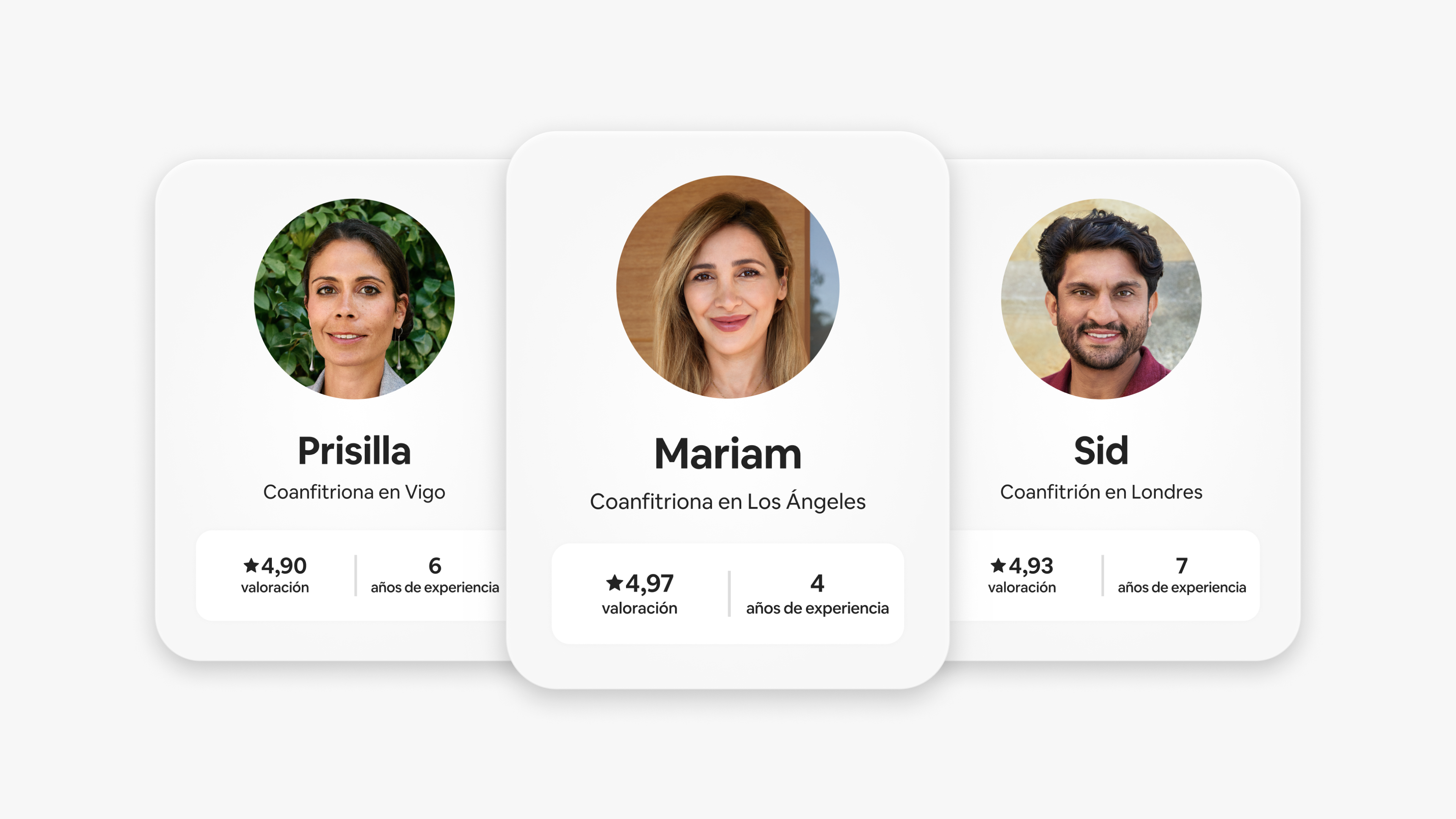 La aplicación de Airbnb muestra los perfiles de tres coanfitriones diferentes: su foto, su nombre, su ubicación, su valoración y sus años de experiencia.