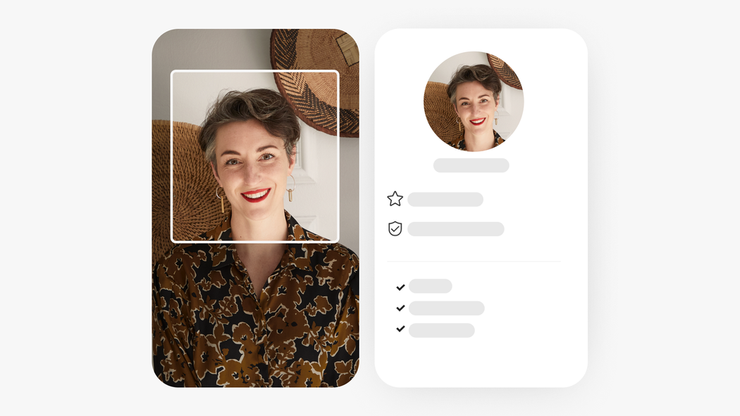 En collage og en model af en profil viser, at man beskærer et billede, så det bliver kvadratisk, for at indramme en persons ansigt til et profilbillede.