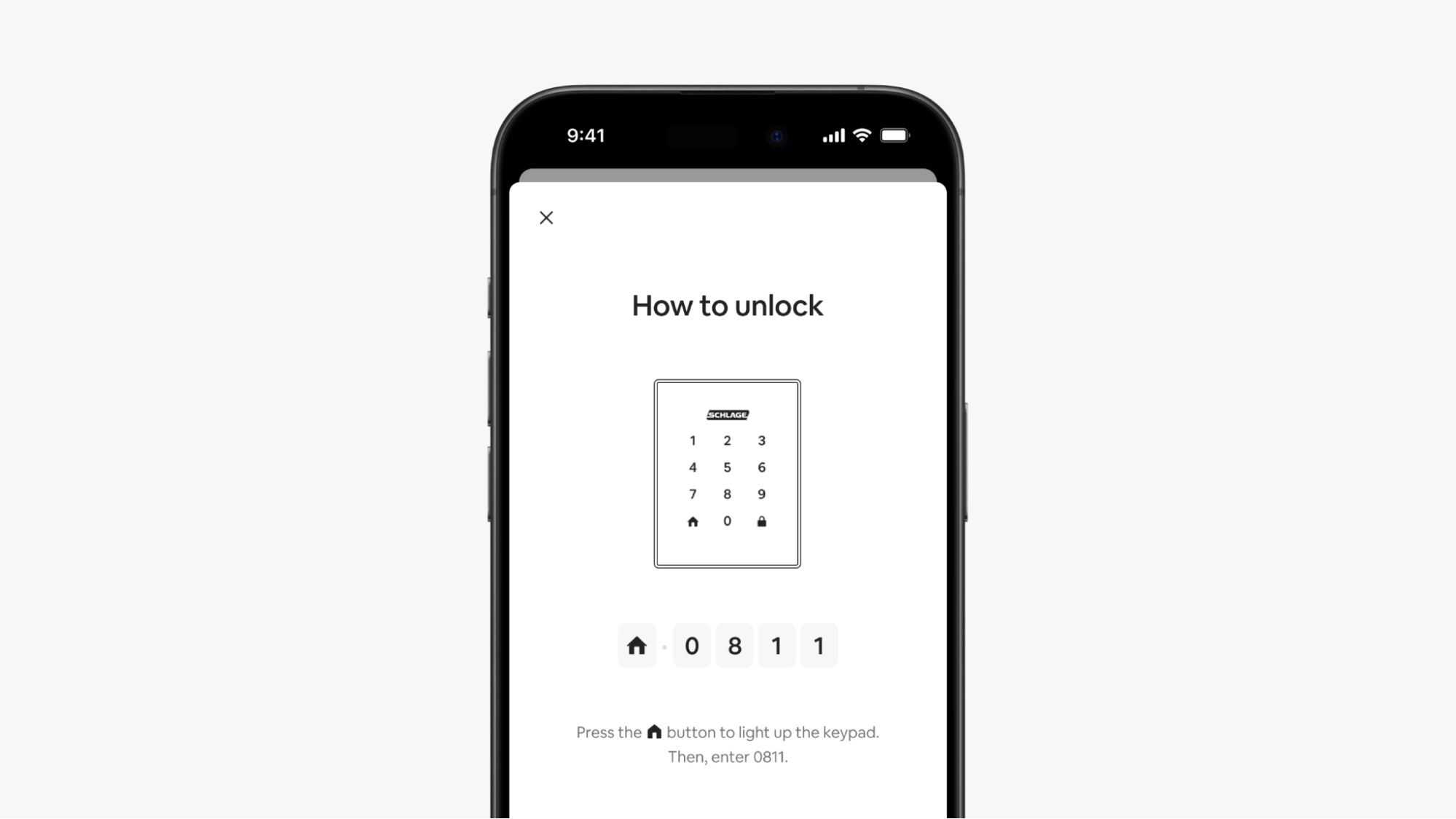 A screen in the Airbnb app shows a keypad with Schlage’s logo, the code 0-8-1-1, and “To lock, press” beside a lock icon.