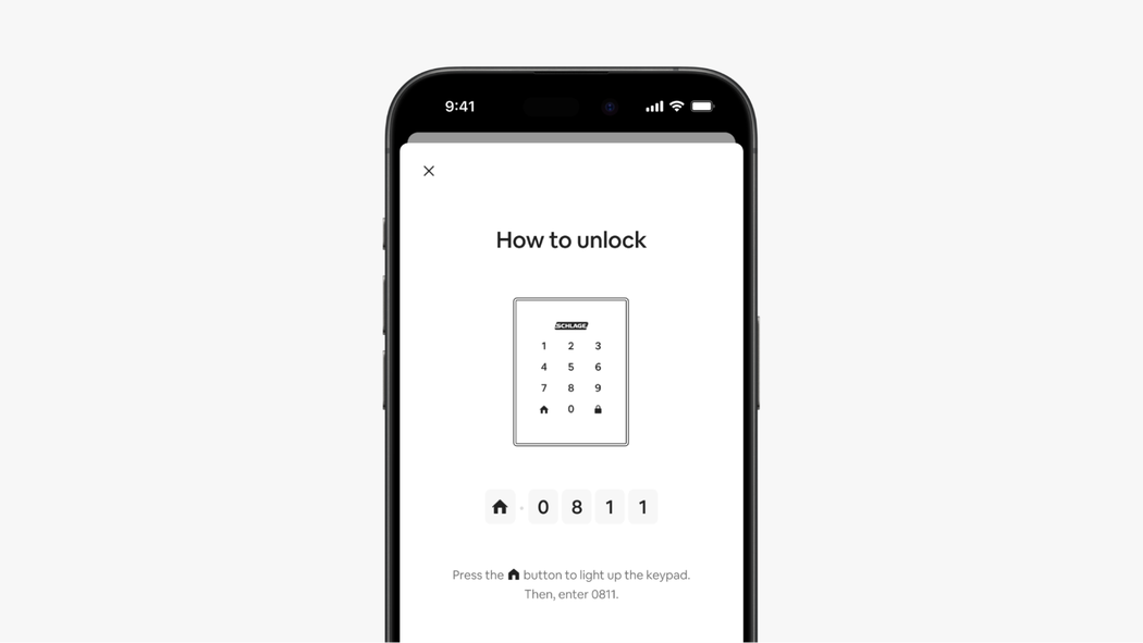A screen in the Airbnb app shows a keypad with Schlage’s logo, the code 0-8-1-1, and “To lock, press” beside a lock icon.