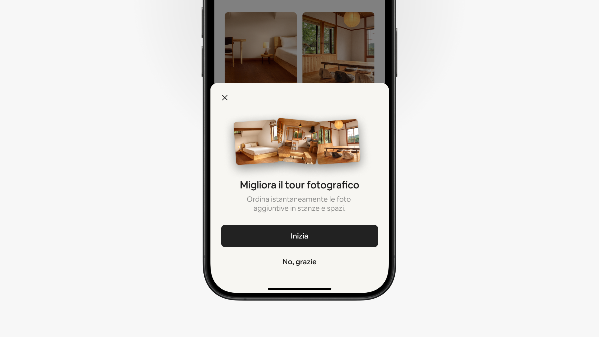 Una schermata pop-up nell'app di Airbnb suggerisce "Migliora il tour fotografico". Sotto, due pulsanti: "Inizia" e "No, grazie".