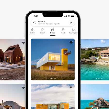 A grid of photos from Airbnb Categories—Castles, Desert, Design, Beach, and Countryside—showcases listings for a smartphone.