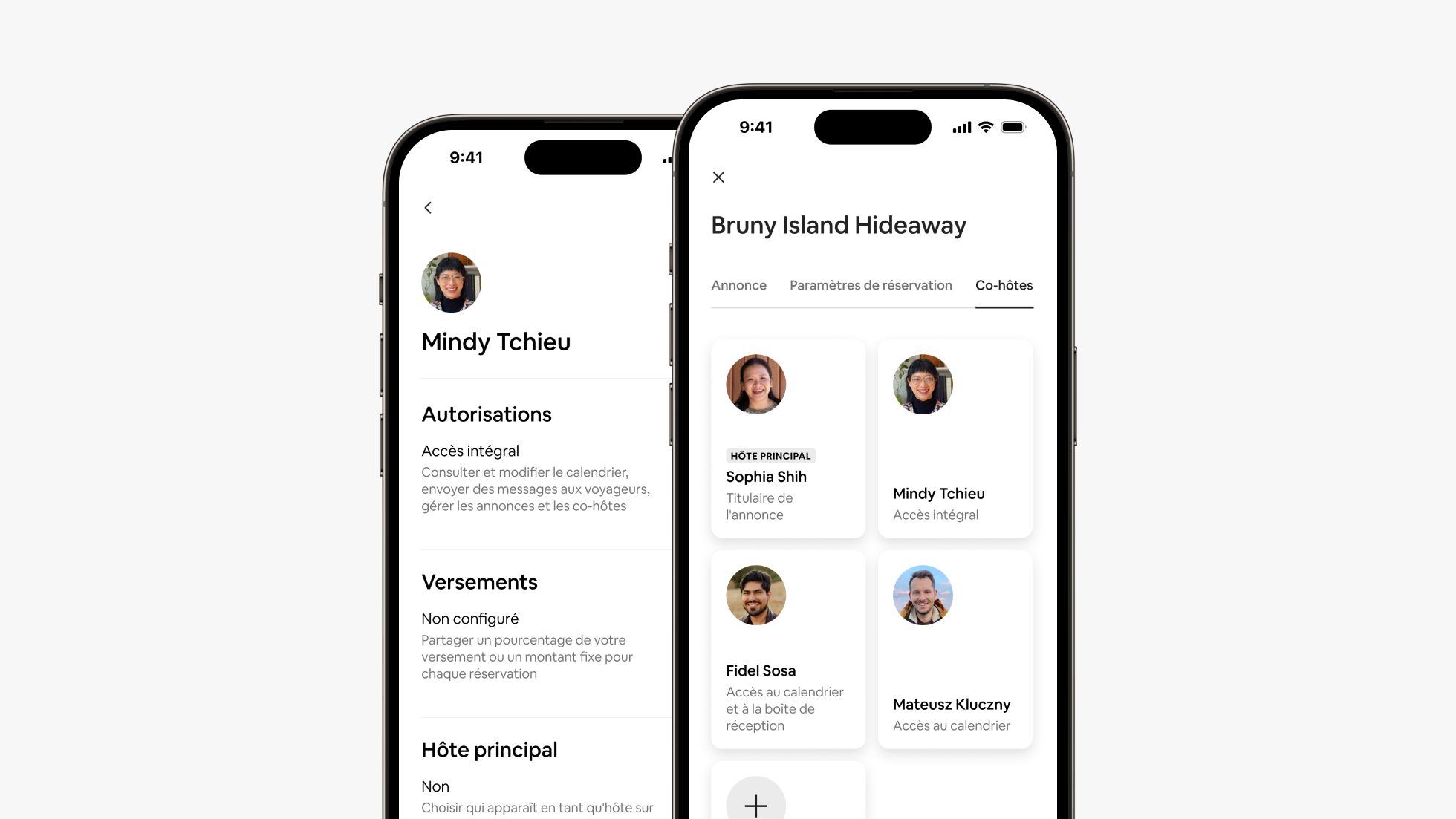 Deux écrans de téléphone côte à côte affichent les autorisations et les détails des versements d'un co-hôte, ainsi que le nouvel onglet Co-hôtes de l'application Airbnb.