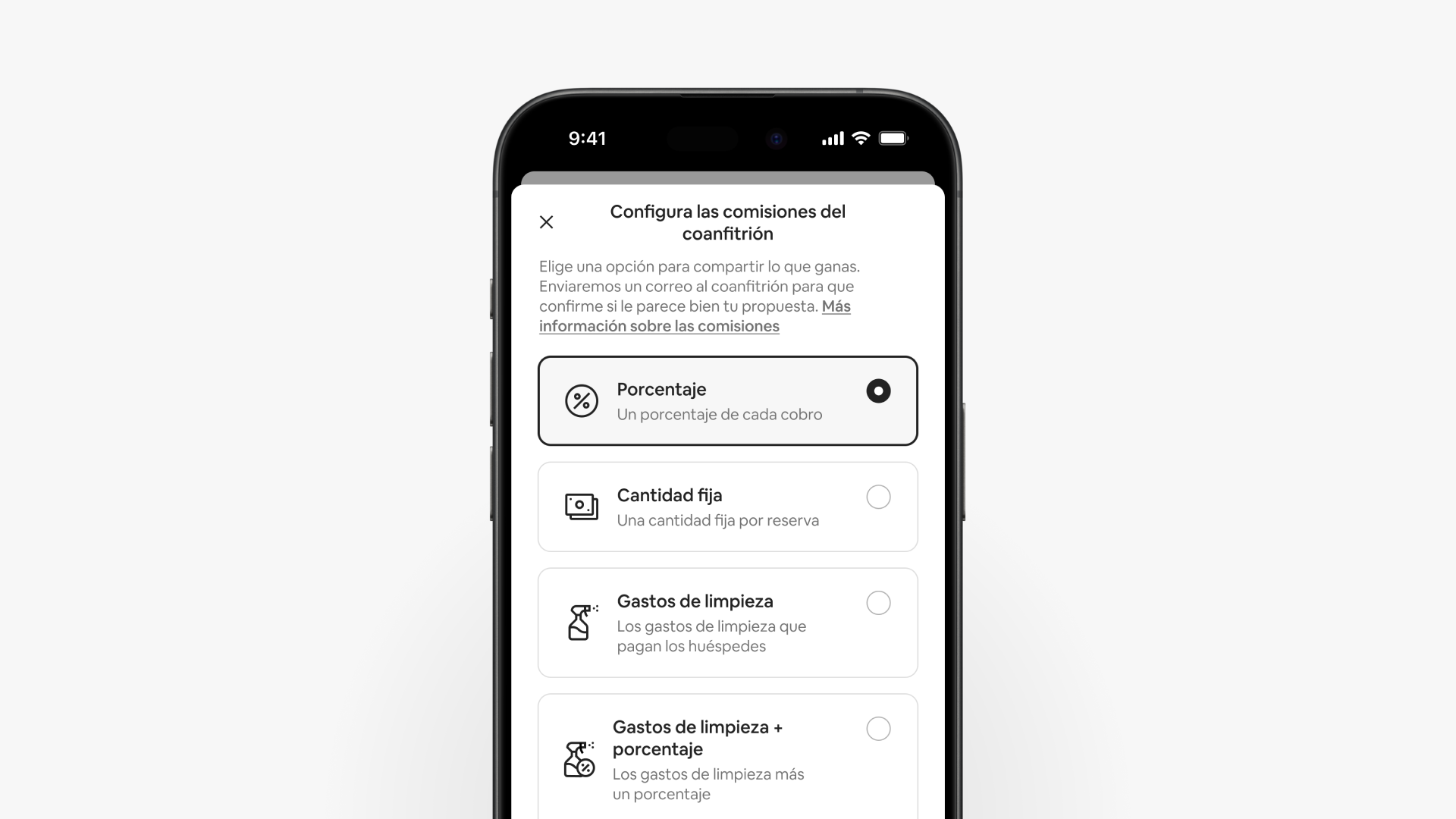 La pantalla de un móvil muestra la página de comisiones de los coanfitriones, con cuatro opciones para compartir lo que ganes.