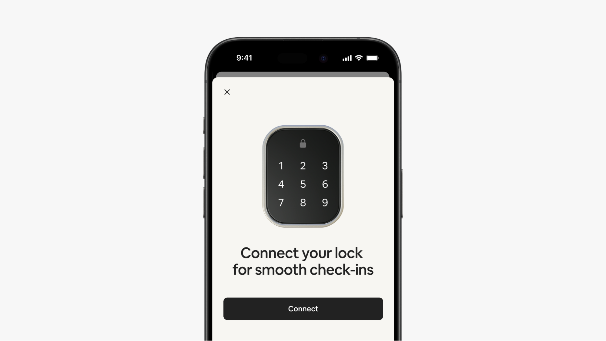 爱彼迎 App 的界面上显示着一个智能门锁的小键盘，「连接」按钮上方是数字 1 至 9。