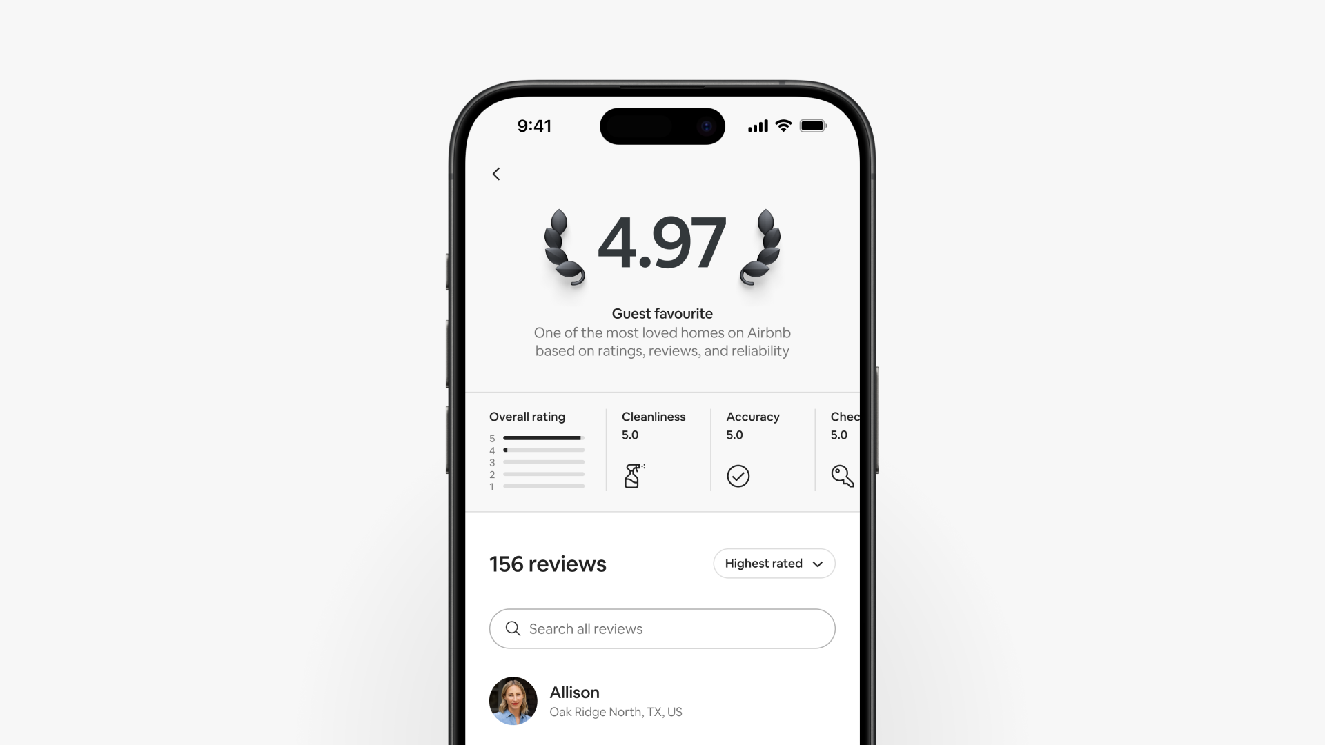 A smartphone screen shows the ratings page of a Guest Favourite listing, with an overall rating of 4.97.