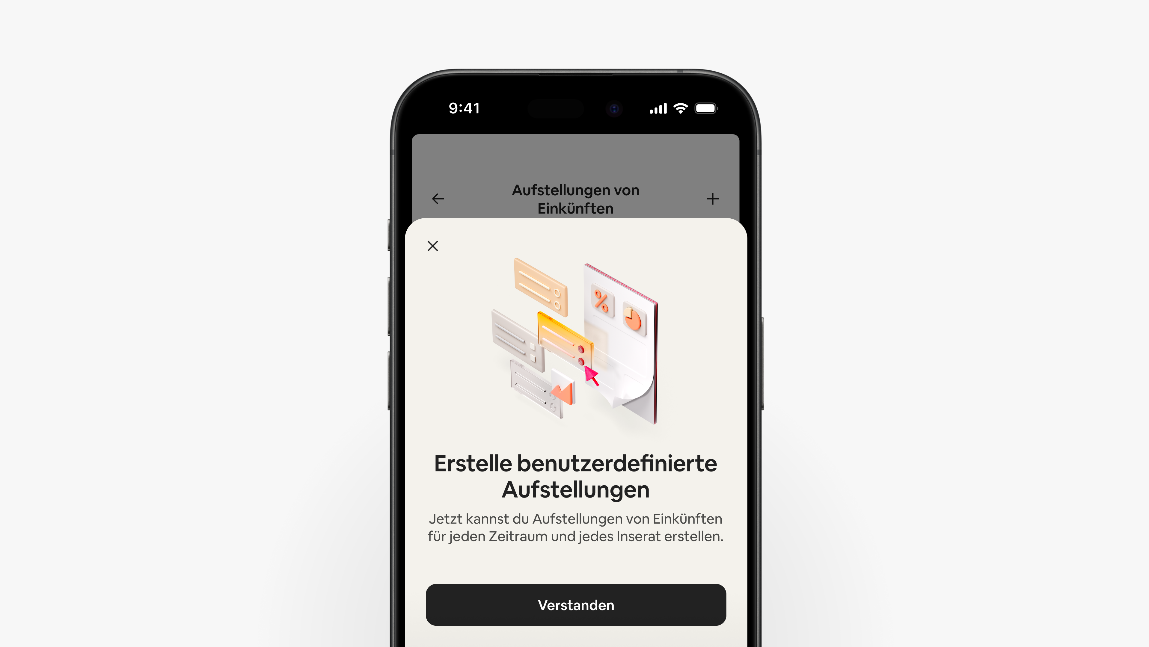 Die Airbnb-App zeigt einen Bildschirm an, auf dem erklärt wird, dass Gastgeber:innen benutzerdefinierte Aufstellungen von Einkünften für jeden Zeitraum und jedes Inserat erstellen können.