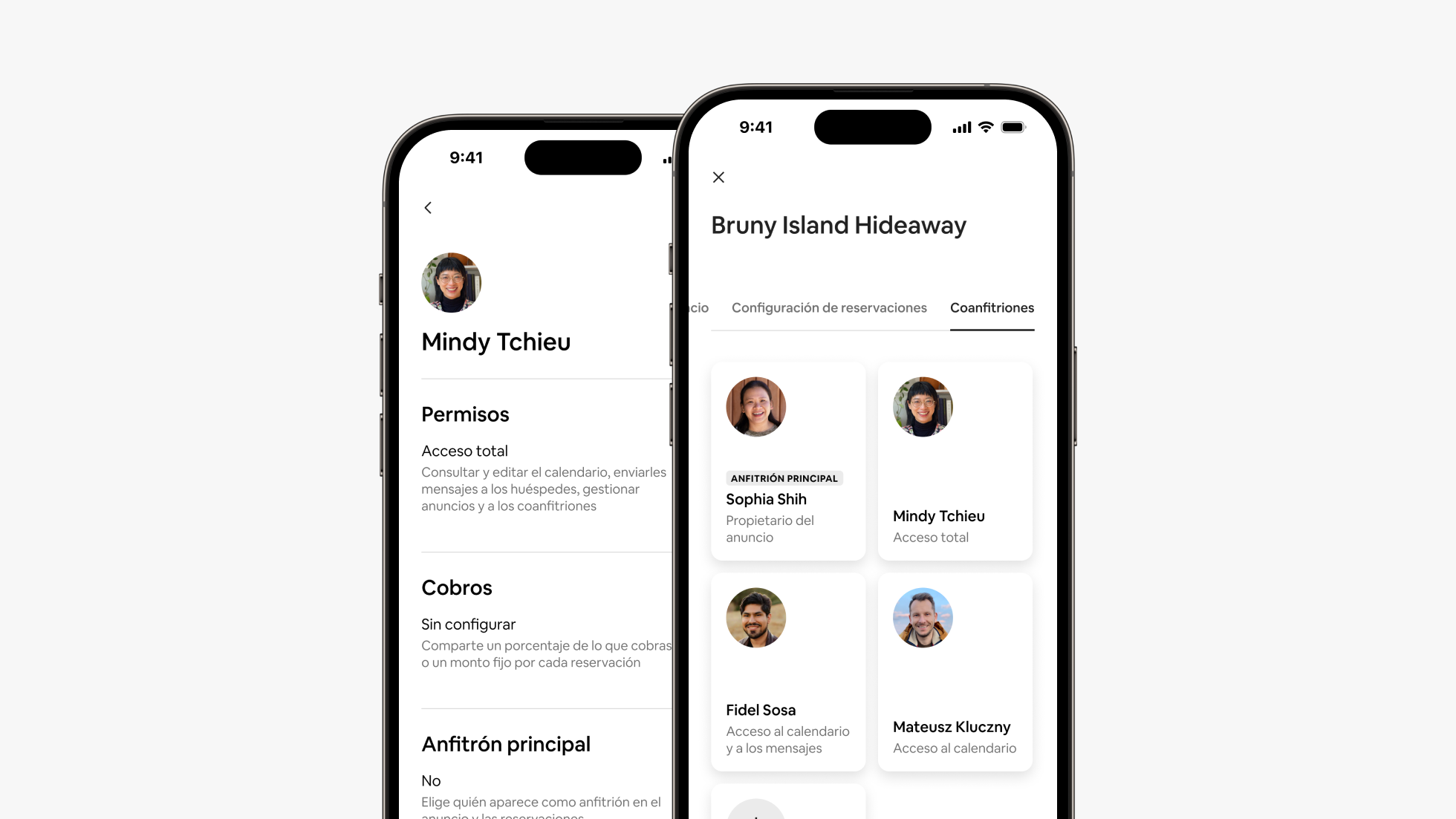 Dos pantallas de teléfono, una al lado de la otra, muestran los permisos y los datos de las comisiones para coanfitriones, así como la nueva pestaña Coanfitriones en la aplicación de Airbnb.