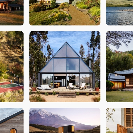 Photos of nine listings in different Airbnb Categories are arranged in a grid, with an A-frame house at the center.