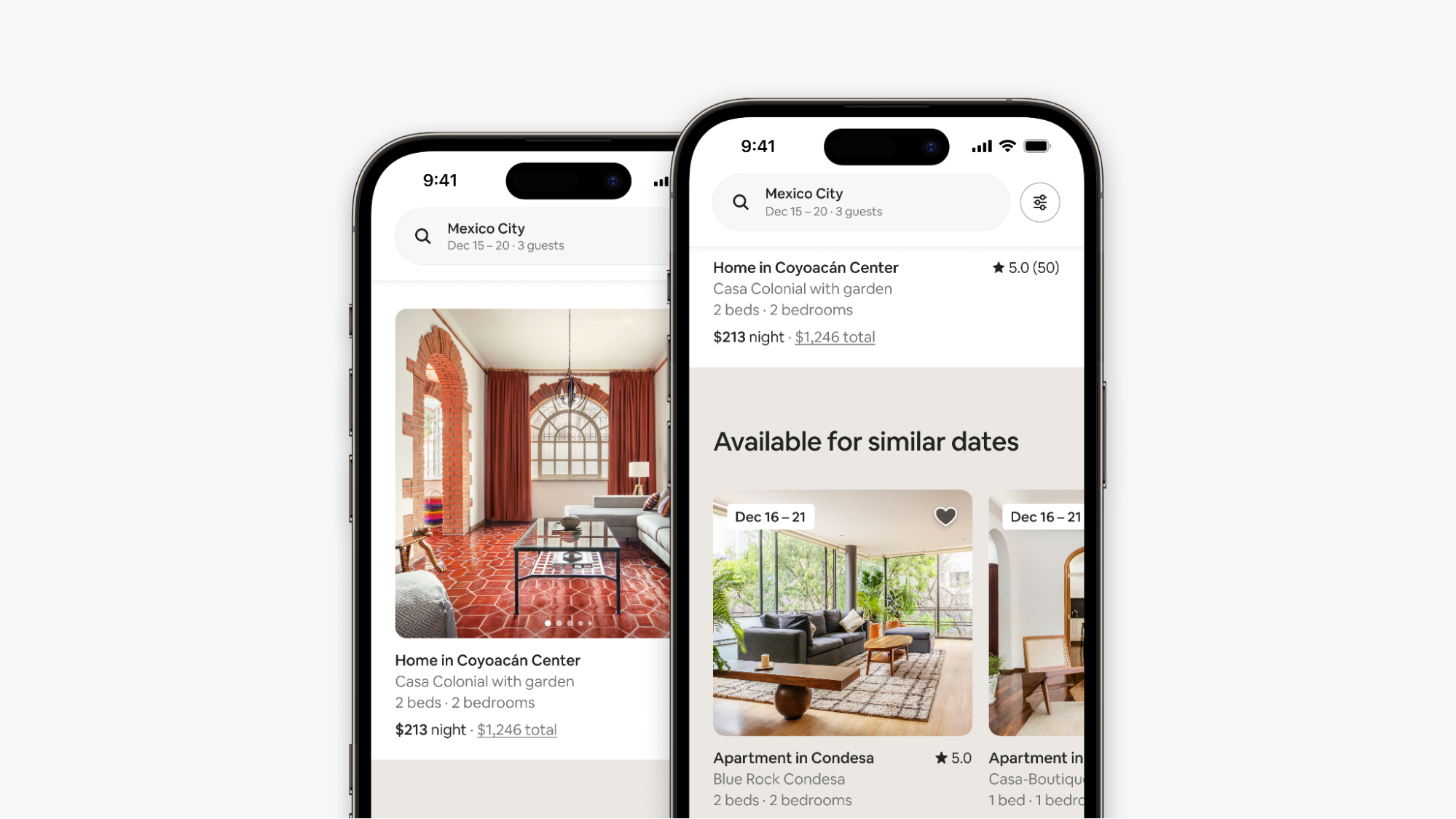Auf Telefonbildschirmen werden nebeneinander Inserate angezeigt, die für die ursprünglichen Reisedaten des Gastes und für den Check-in einen Tag früher oder später verfügbar sind.