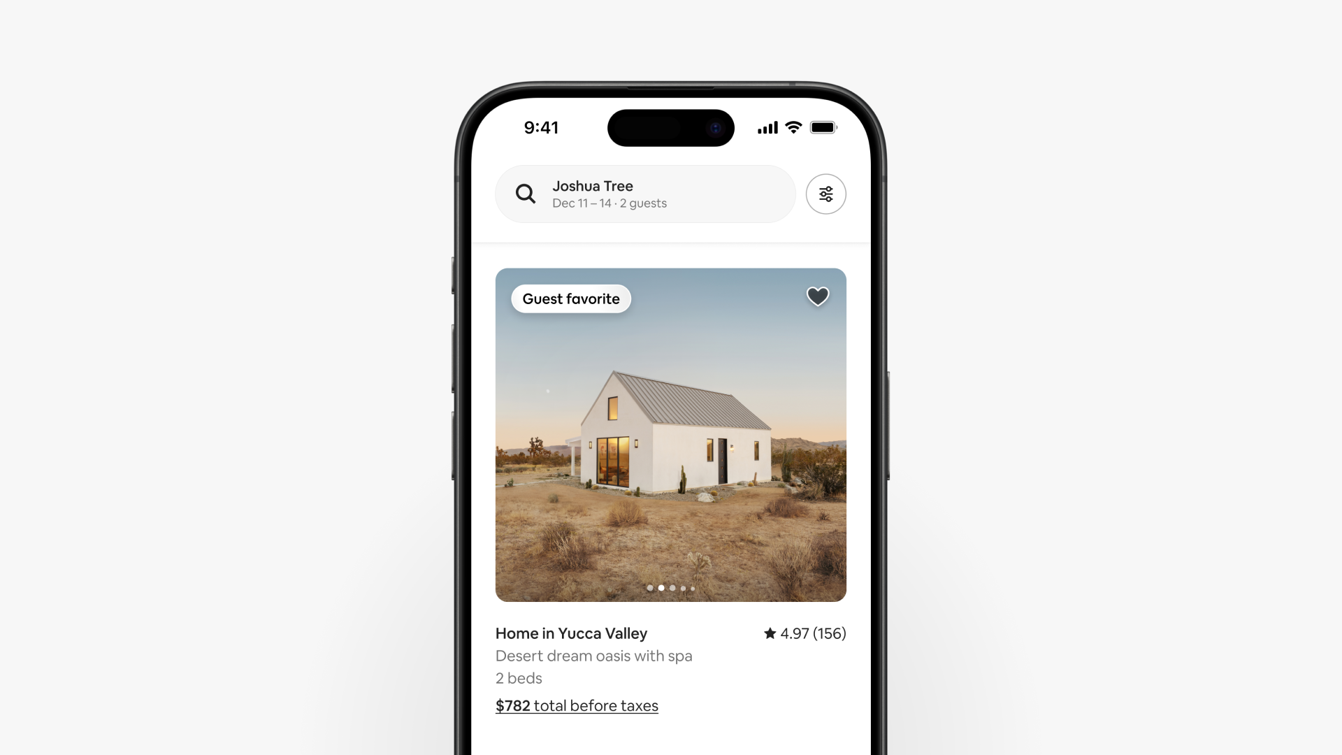 A search for a three-night stay for two guests in Joshua Tree, California, shows a listing tagged as a Guest favorite.