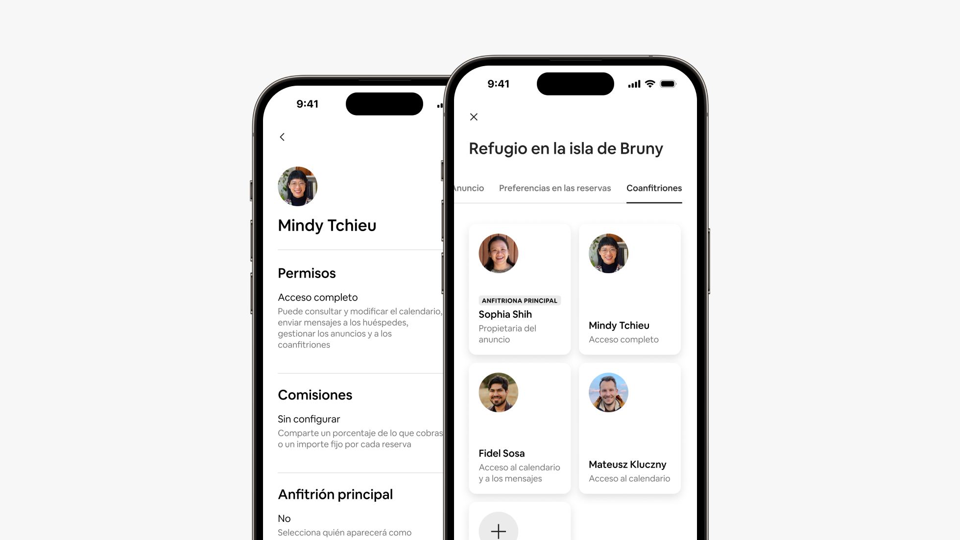 Dos pantallas de móvil muestran los permisos y los datos de las comisiones de los coanfitriones, así como la nueva pestaña Coanfitriones en la aplicación de Airbnb.