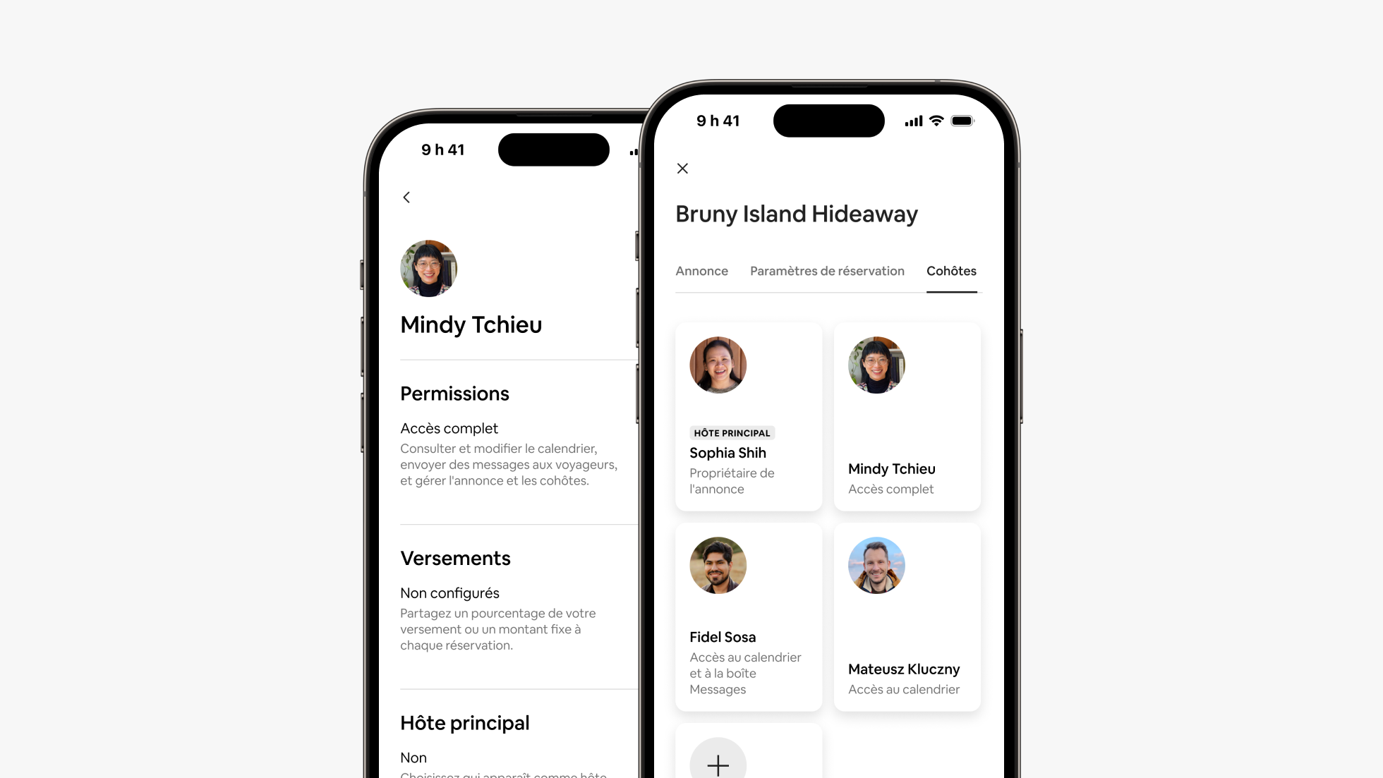 Deux écrans de téléphone côte à côte affichent les permissions et les détails des versements d'un cohôte, ainsi que le nouvel onglet Cohôtes de l'appli Airbnb.