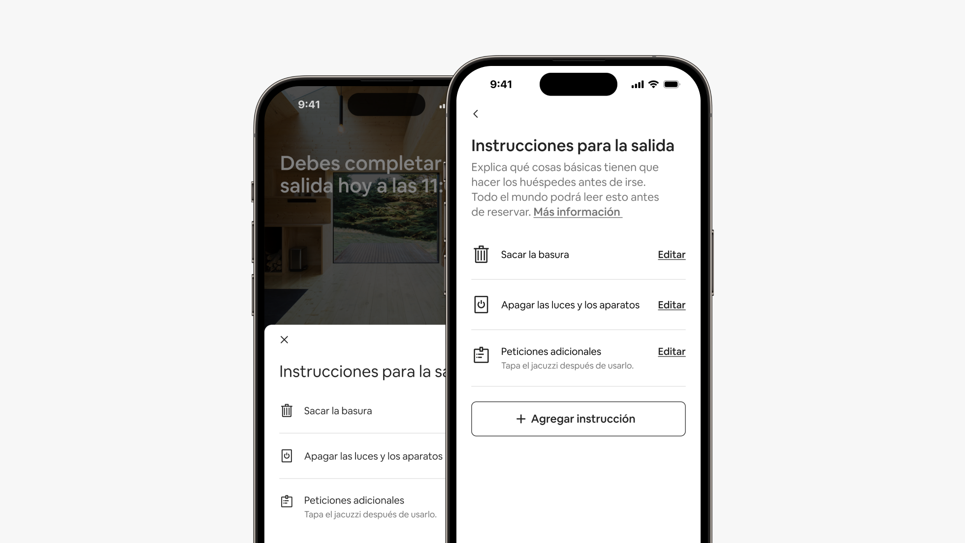 Dos pantallas de teléfono, una al lado de la otra, muestran las instrucciones de salida que aparecen en la aplicación de Airbnb en la interfaz del huésped y del anfitrión respectivamente.