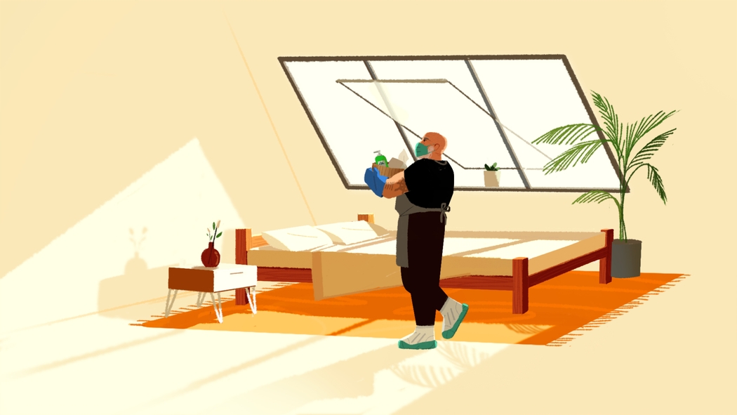 An illustration of a man wearing a mask and carrying cleaning supplies in a bedroom.
