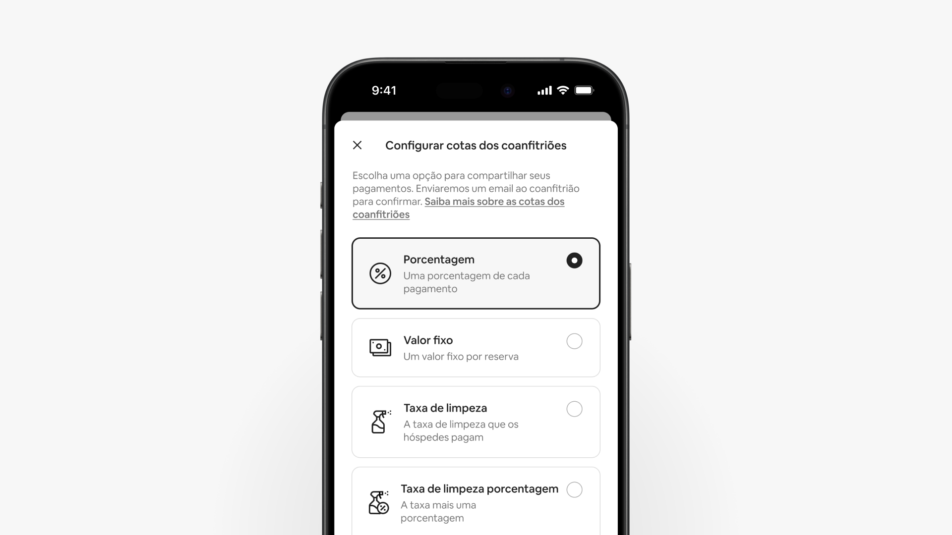 A tela de um smartphone mostra a página de pagamentos do coanfitrião, com quatro opções para compartilhamento de cotas.