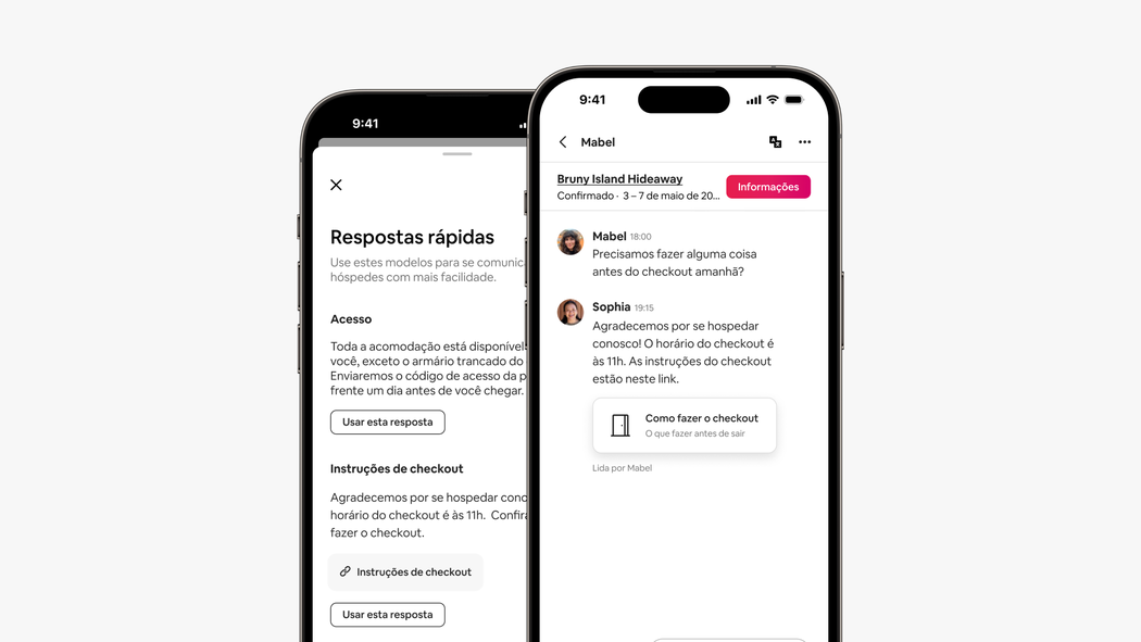 Duas telas de telefone mostram as respostas rápidas e uma mensagem de resposta rápida com links para as instruções de checkout no Airbnb.