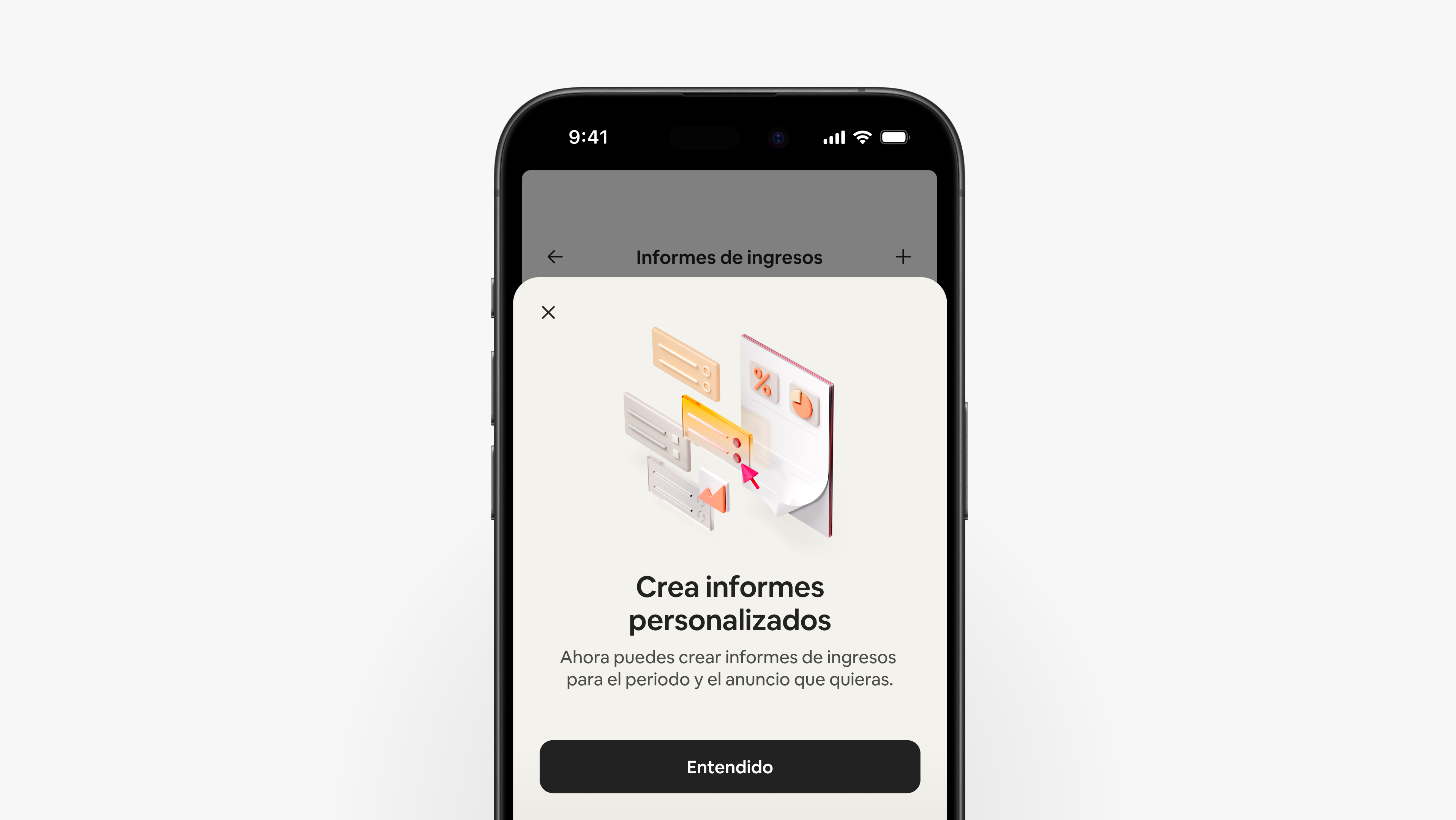 Una pantalla de la aplicación de Airbnb en la que se explica que los anfitriones pueden crear informes de ingresos personalizados para el periodo y el anuncio que deseen.