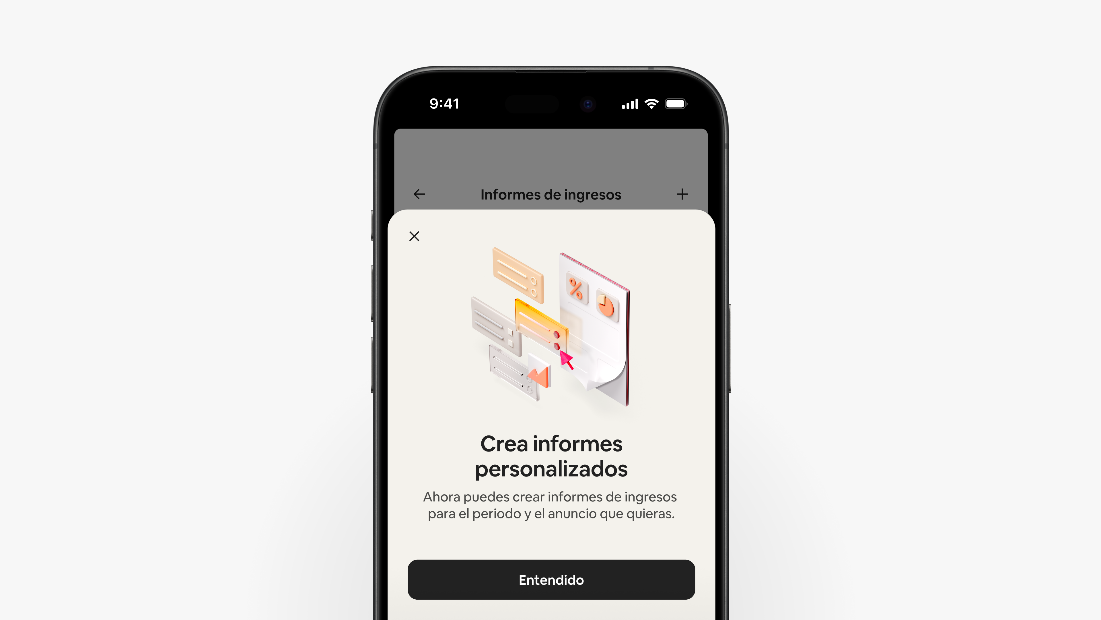Una pantalla de la aplicación de Airbnb en la que se explica que los anfitriones pueden crear informes de ingresos personalizados para el periodo y el anuncio que deseen.