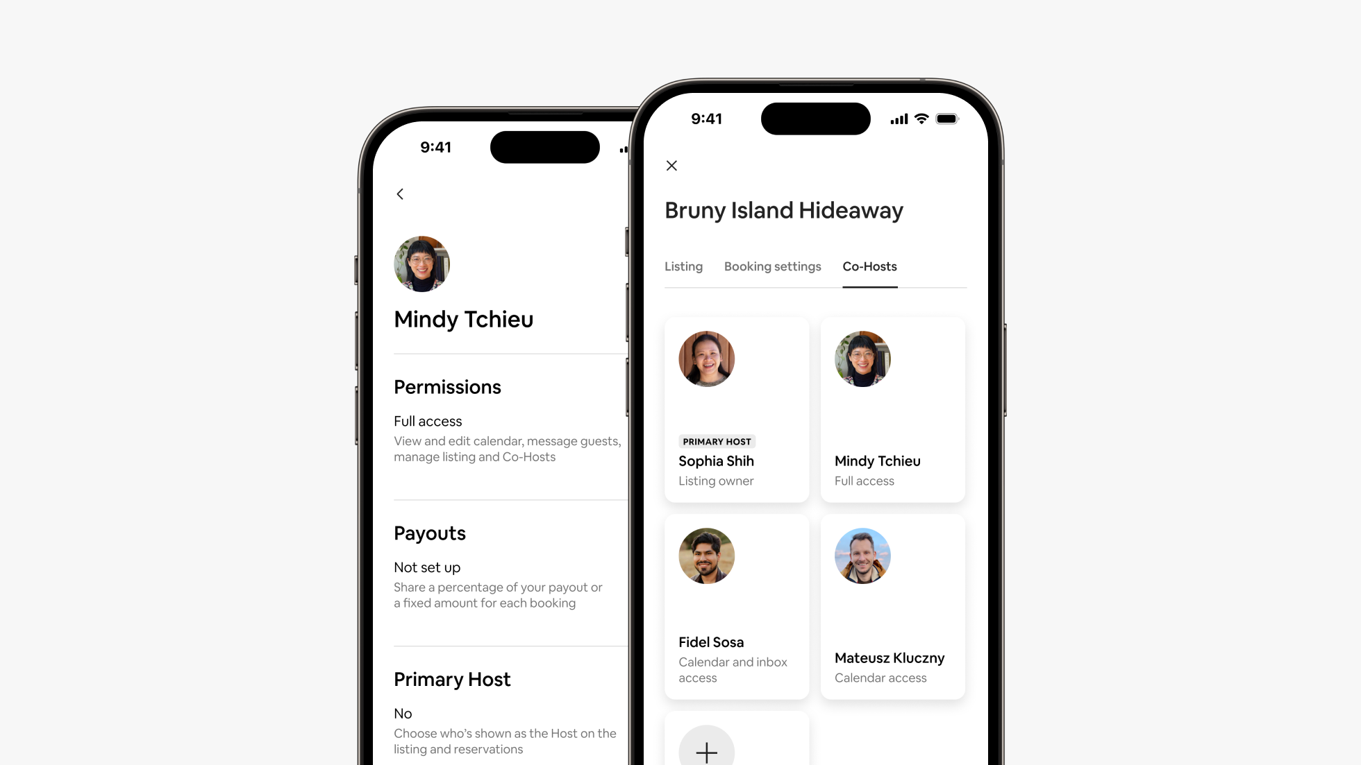 Two phone screens side by side show a Co-Host’s permissions and payouts details and the new Co-Hosts tab on the Airbnb app.