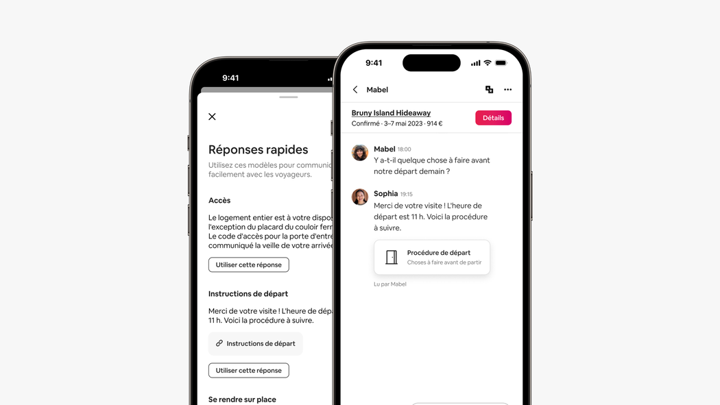 Deux écrans de téléphone affichent la page des réponses rapides, ainsi qu'un message de réponse rapide qui renvoie aux instructions de départ sur Airbnb.