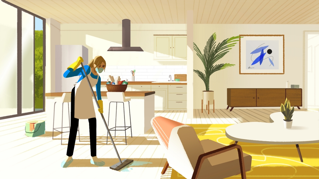 Ilustración de una mujer limpiando varias partes de su cocina y sala de estar.