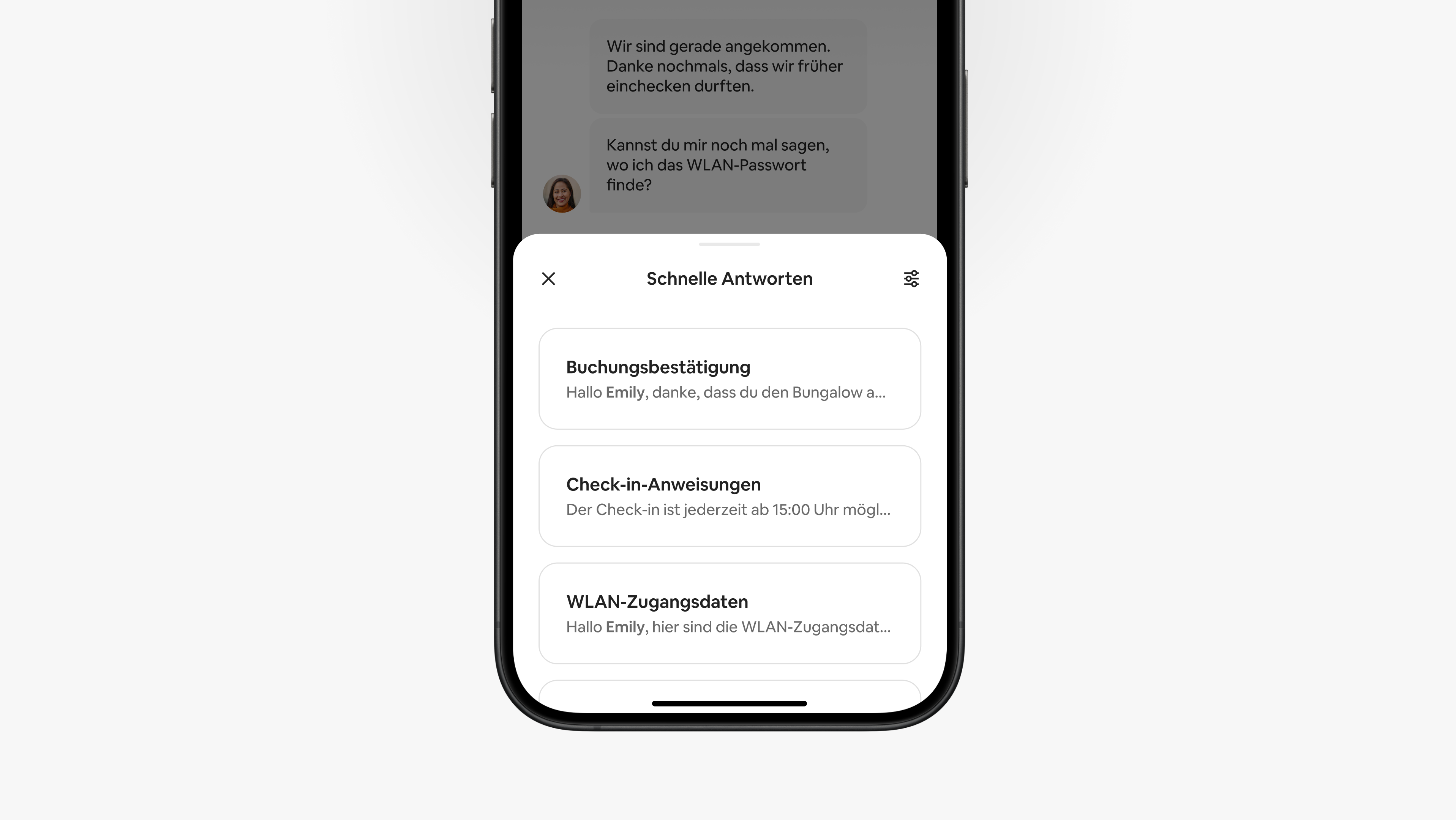 Ein Bildschirm in der Airbnb-App zeigt ein Menü mit schnellen Antworten, die Gastgeber:innen verwenden können, um während einer Unterhaltung auf Fragen von Gästen zur reagieren.