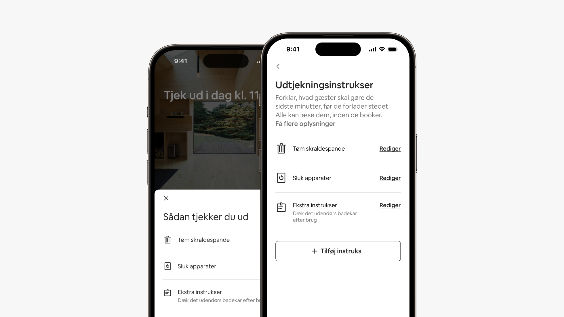 To telefonskærme ved siden af hinanden viser, hvordan hhv. gæsten og værten ser udtjekningsinstruktioner i Airbnb-appen.