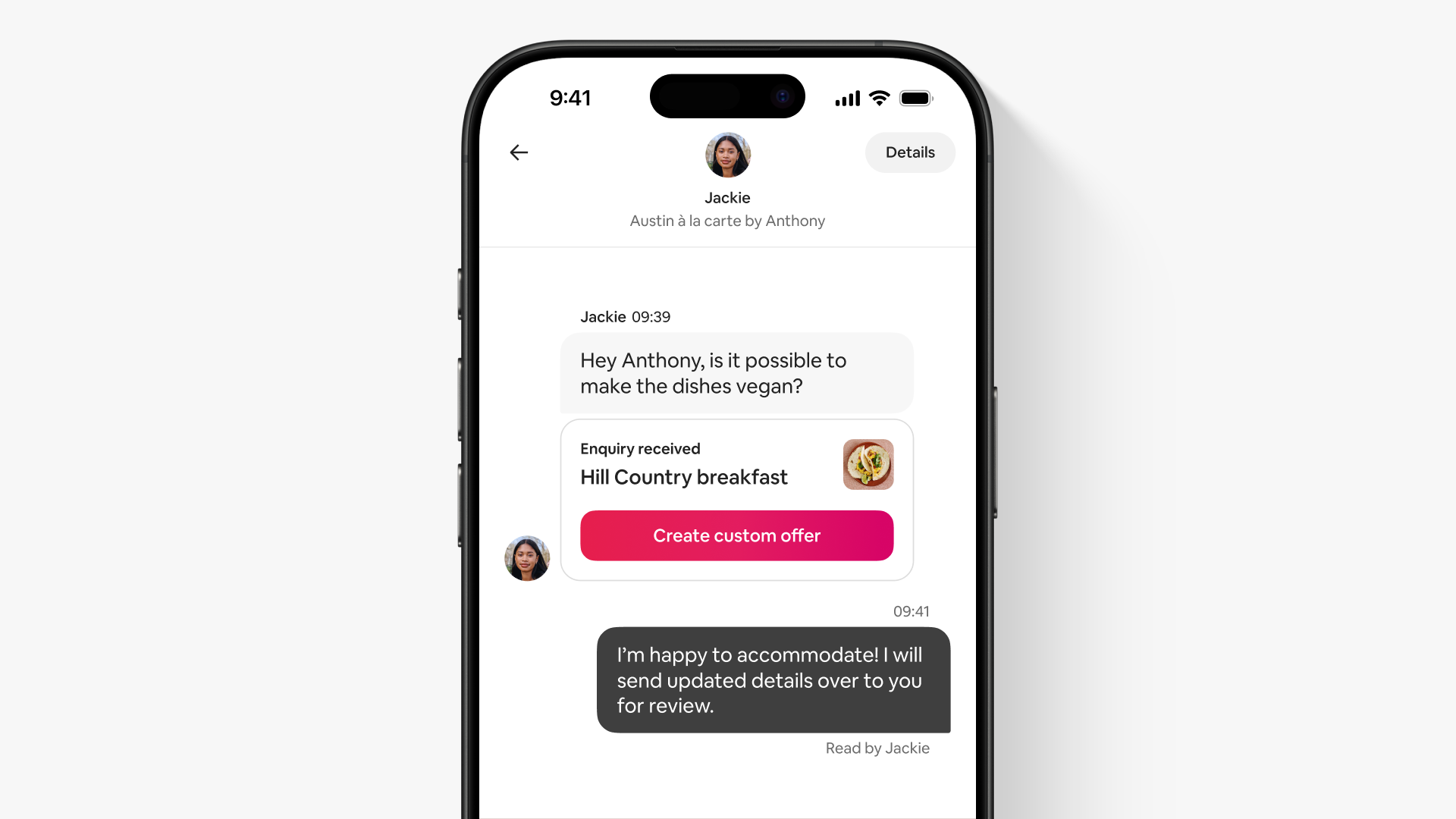A screen in the Airbnb app’s Messages tab shows a guest asking a service host for a custom offer.