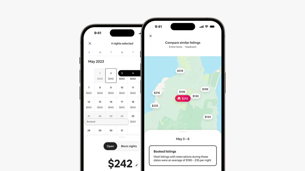 As telas do celular mostram as datas selecionadas no calendário e um mapa com os preços médios de acomodações parecidas reservadas nas proximidades.