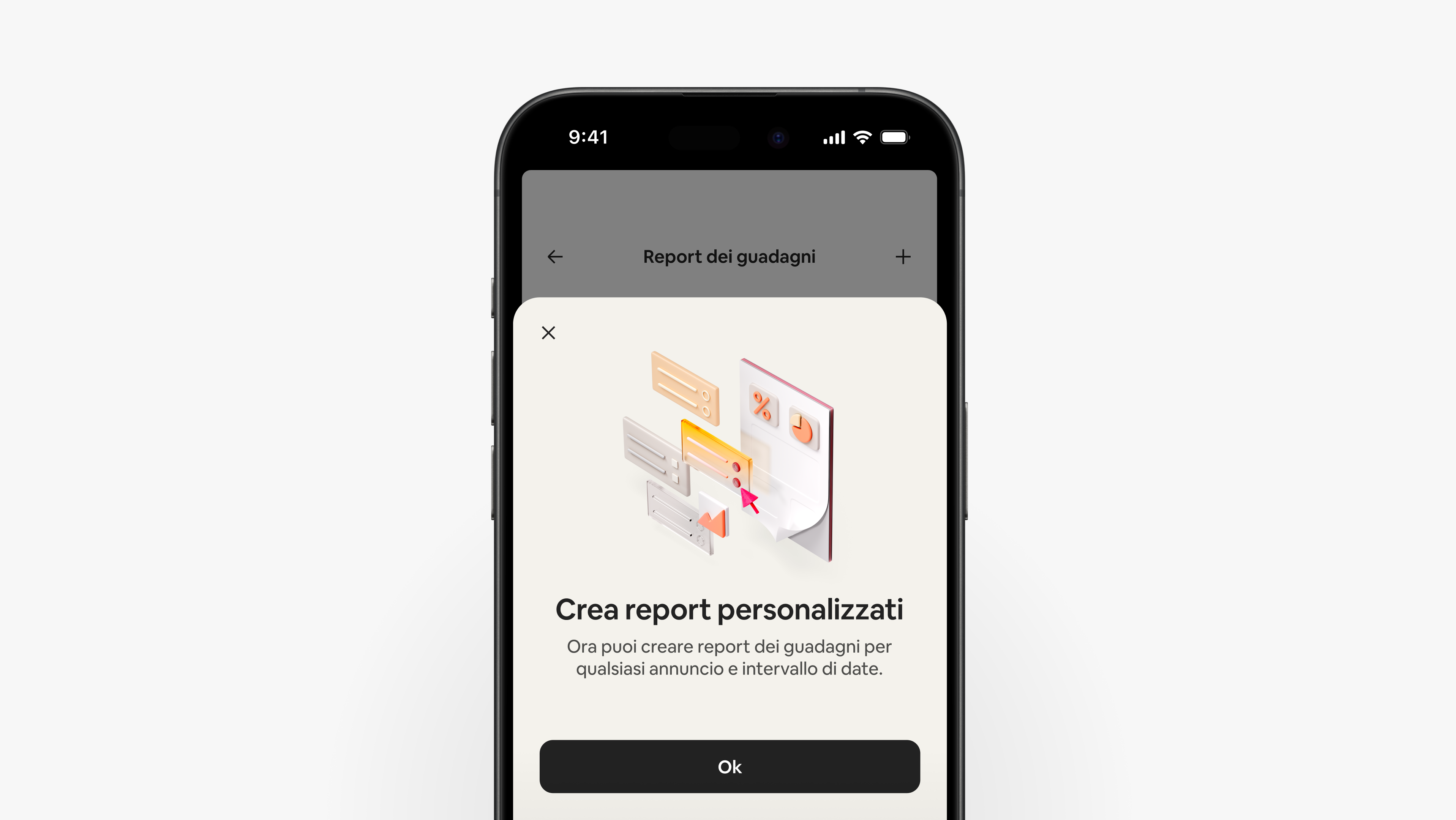L'app di Airbnb mostra una schermata che spiega agli host che possono creare report dei guadagni personalizzati per qualsiasi annuncio e intervallo di date.