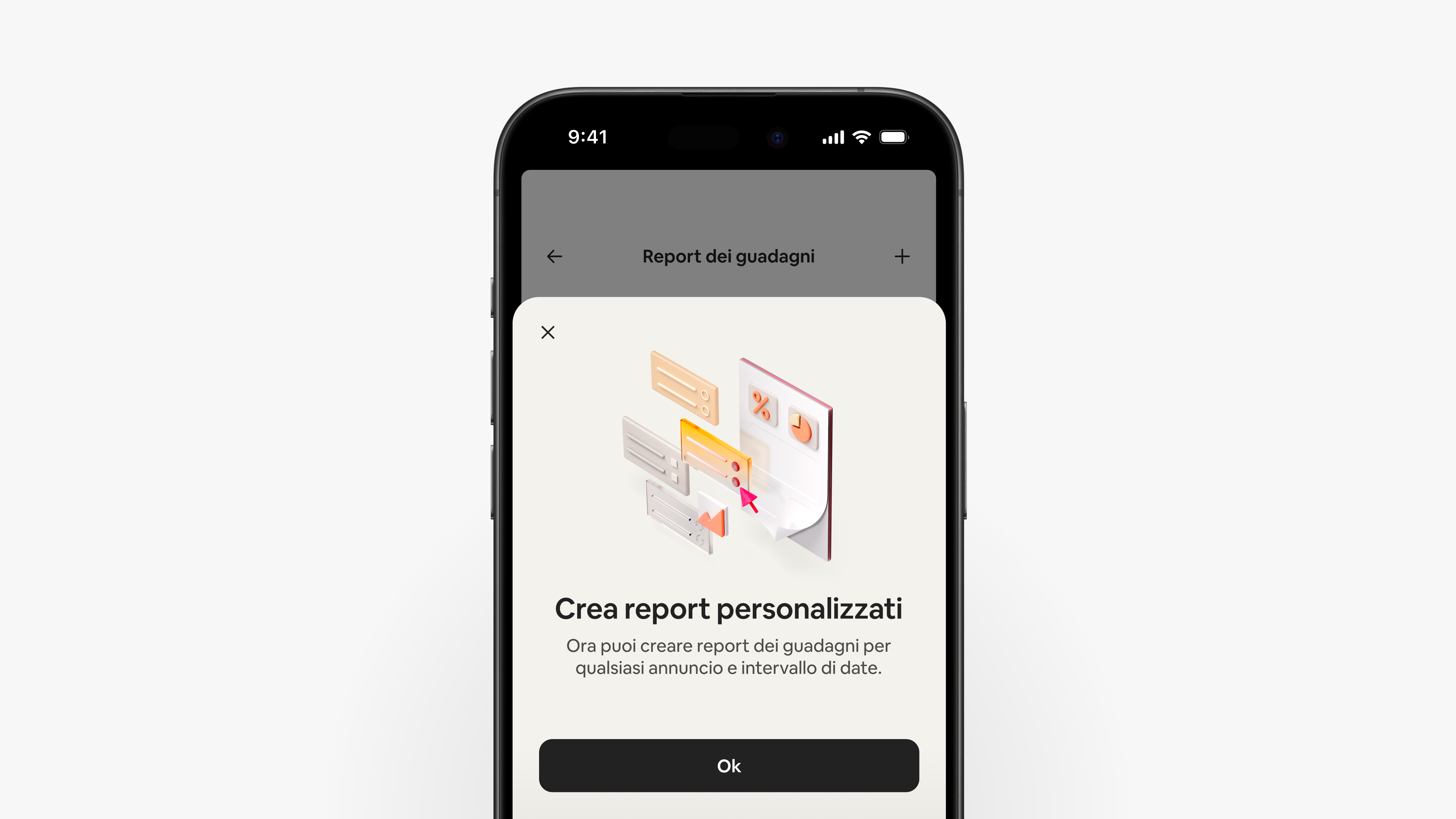 L'app di Airbnb mostra una schermata che spiega agli host che possono creare report dei guadagni personalizzati per qualsiasi annuncio e intervallo di date.