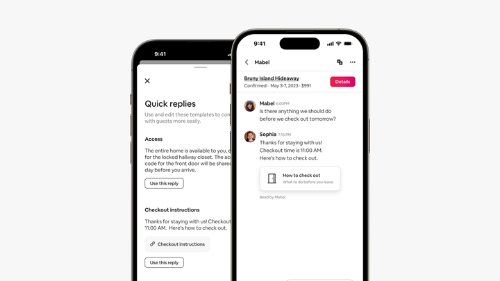 Two phone screens show the quick replies screen and a quick reply message that links to checkout instructions on Airbnb.