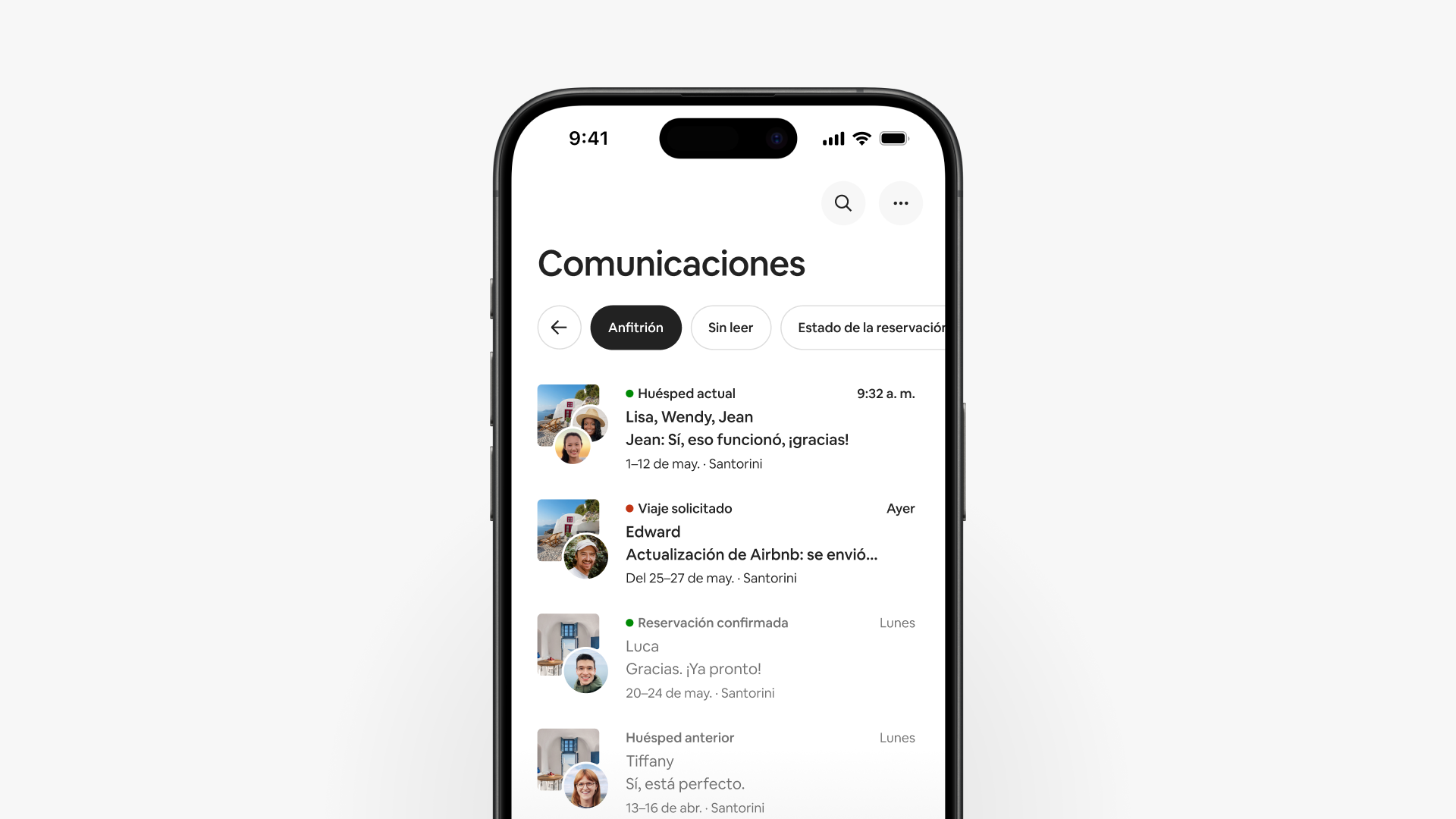 Una pantalla en la aplicación de Airbnb muestra cómo seleccionar el botón Anfitrión en la pestaña Comunicaciones para filtrar los mensajes por tipo.