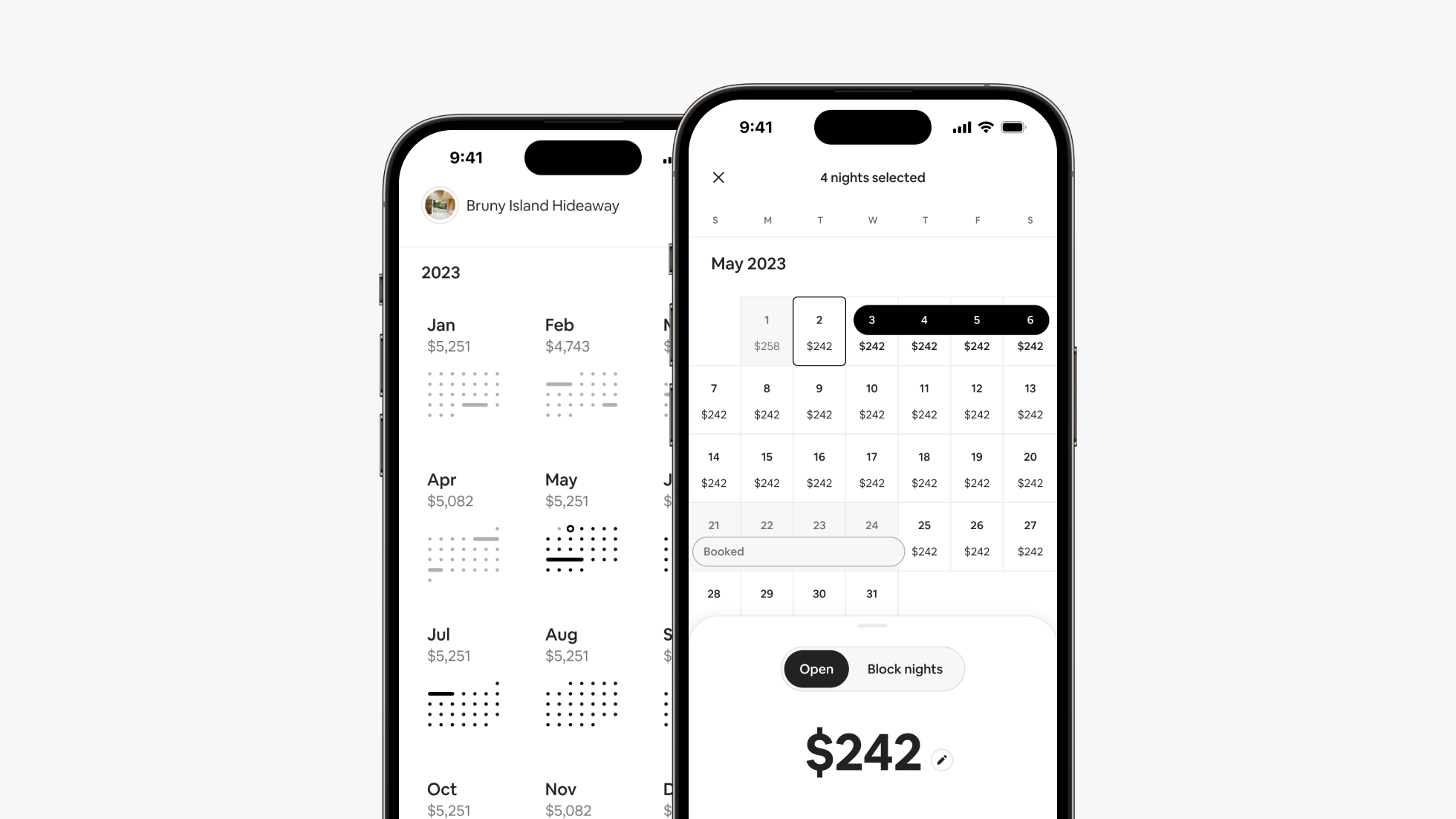 Las pantallas del teléfono muestran la vista anual con precios mensuales y la vista mensual con el precio por noche para las cuatro noches seleccionadas.