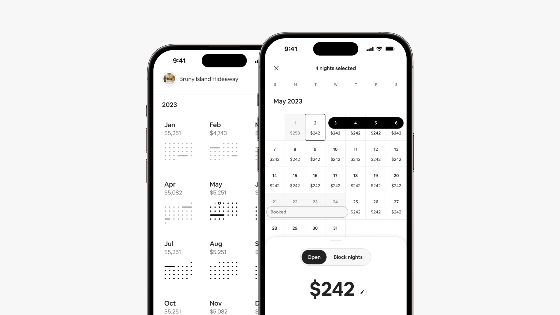 手机屏幕上显示了包含月租价格的全年视图，旁边的月度视图显示了所选 4 晚的每晚价格。