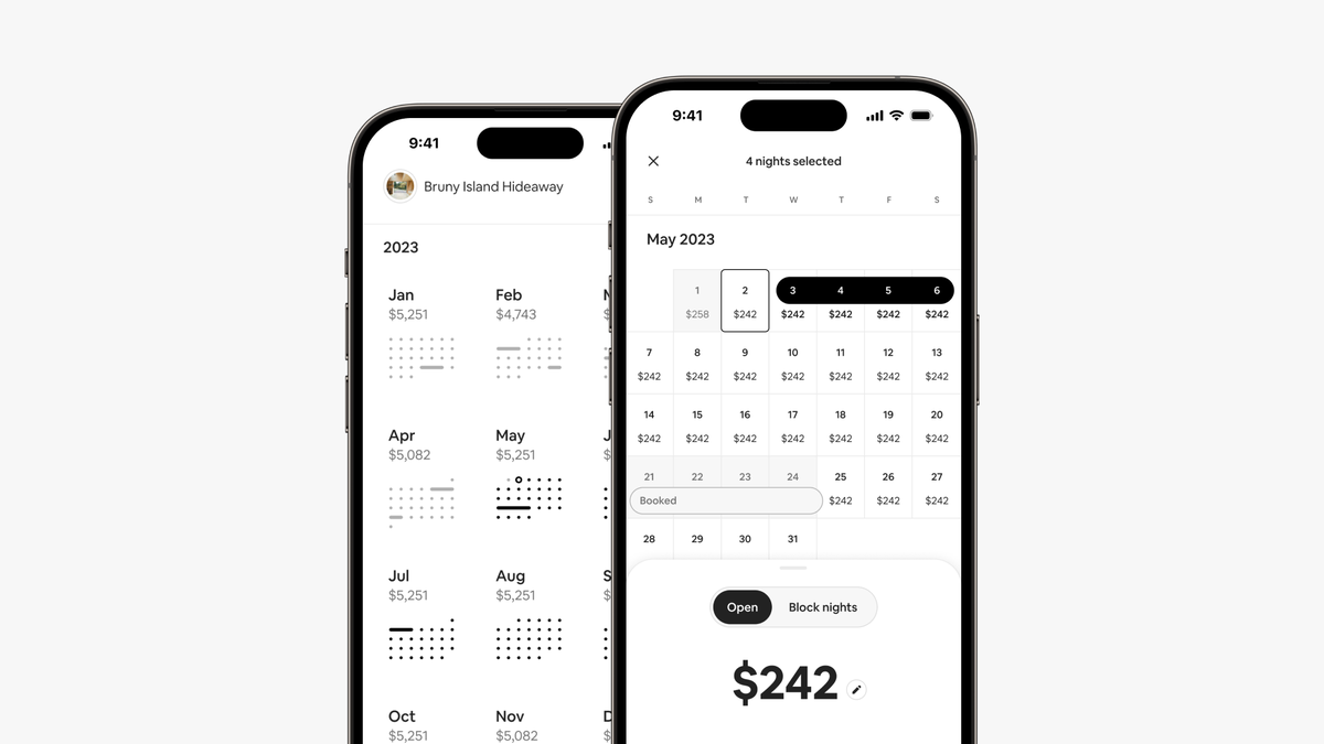 Phone screens show the yearly view with monthly prices, and the monthly view with the nightly price for four nights selected.