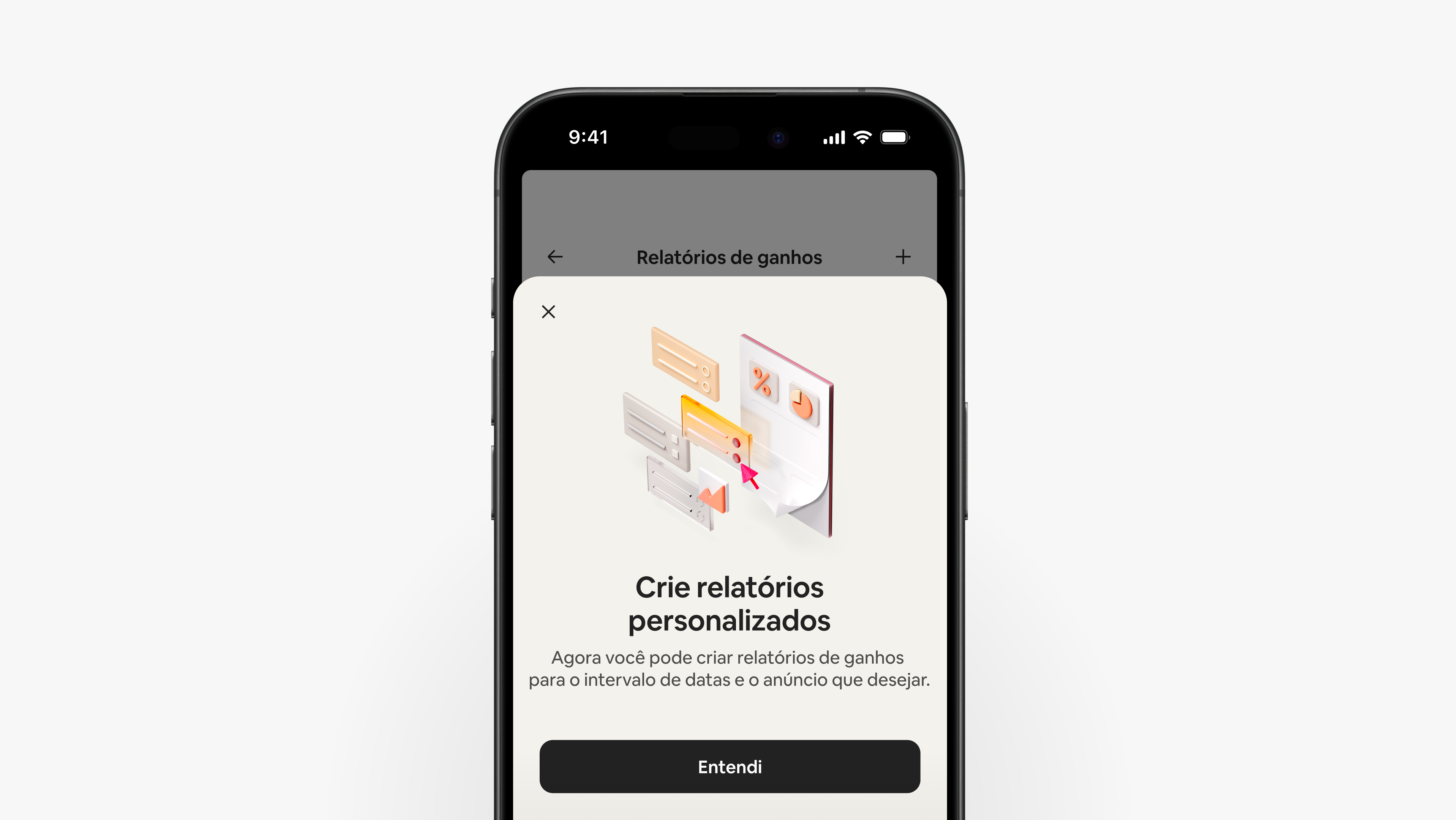 O aplicativo do Airbnb mostra uma tela explicando que os anfitriões podem criar relatórios de ganhos personalizados para o intervalo de datas e o anúncio que quiserem.